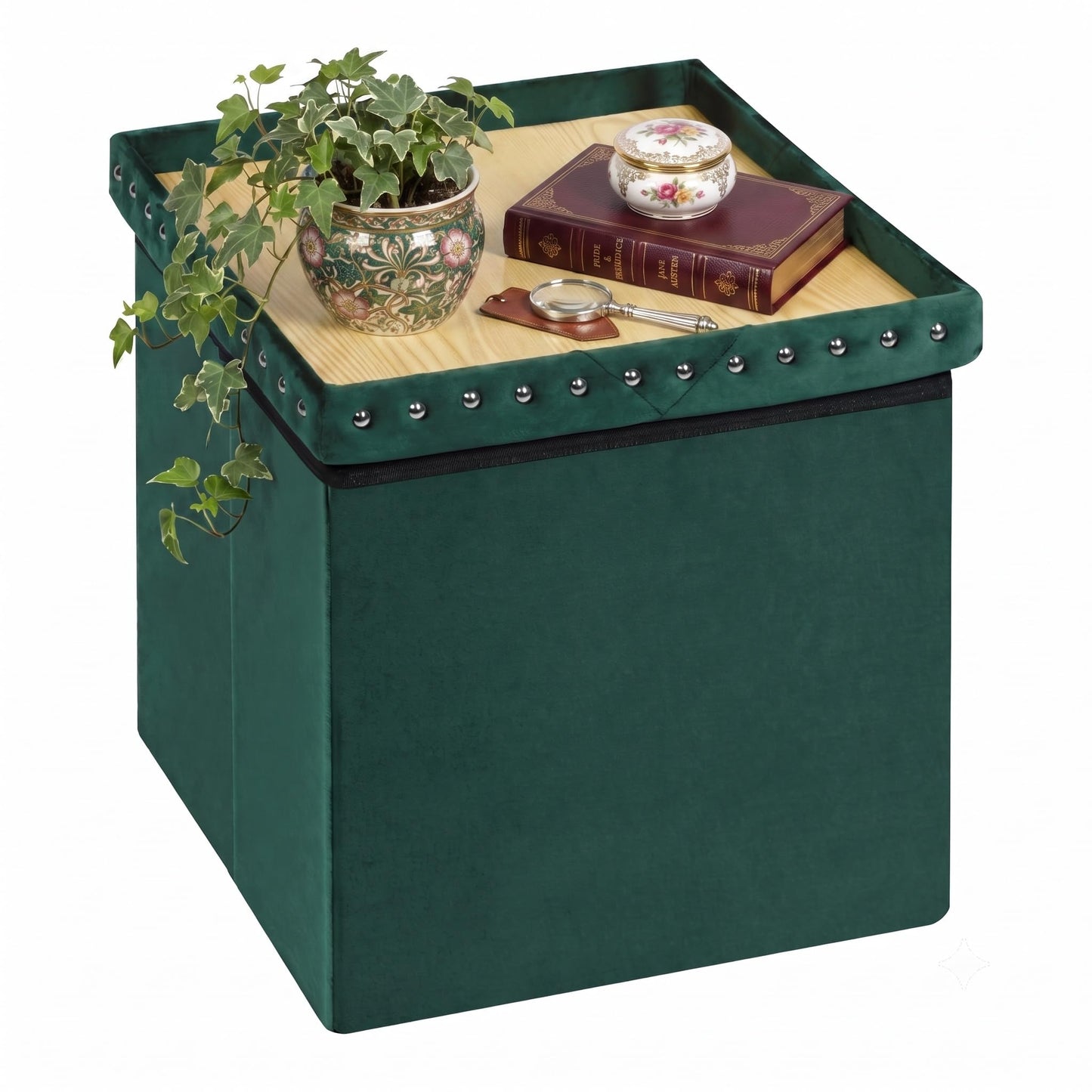 Bonlife Velvet Ottoman with Storage,Footstool Ottoman Seat,Green,40x40x40cm