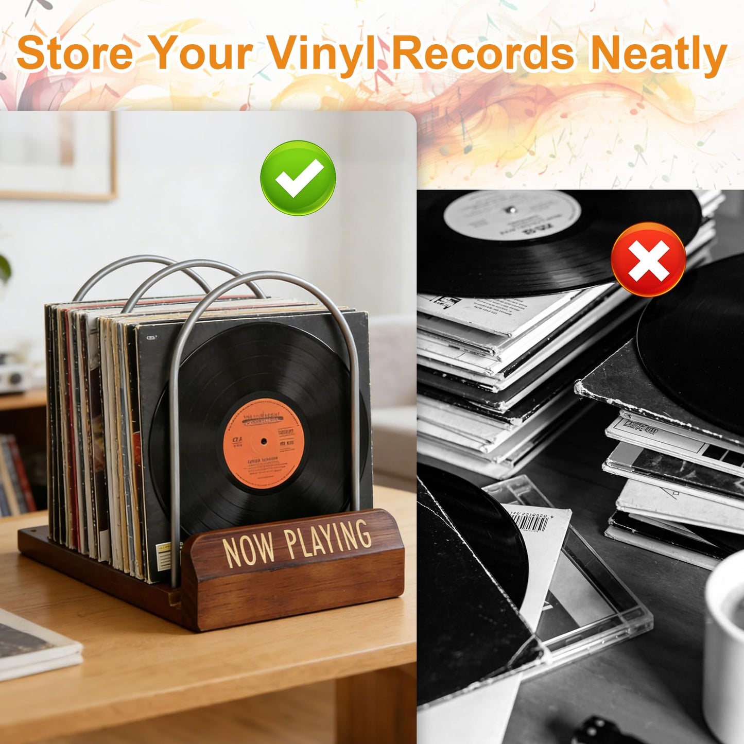 Yalitrca Adjustable Vinyl Record Storage Stand, Expandable LP Holder for 30–70 Albums, Wood & Metal Record Rack with Now Playing Display