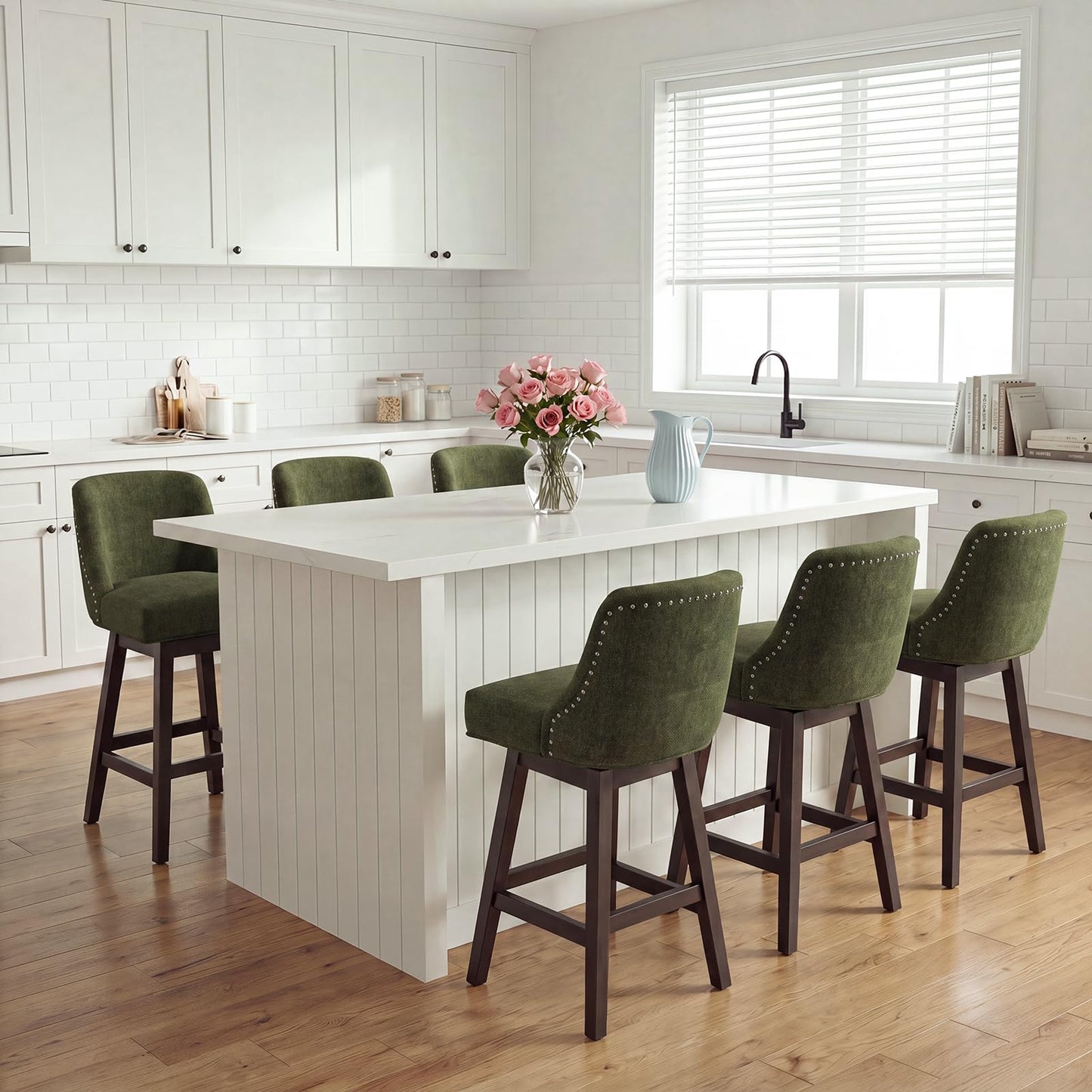 Bar Stools Set of 6, 360° Swivel Upholstered Counter Stools with Back, Wooden Frame Kitchen Bar Chairs with Nailhead Trim
