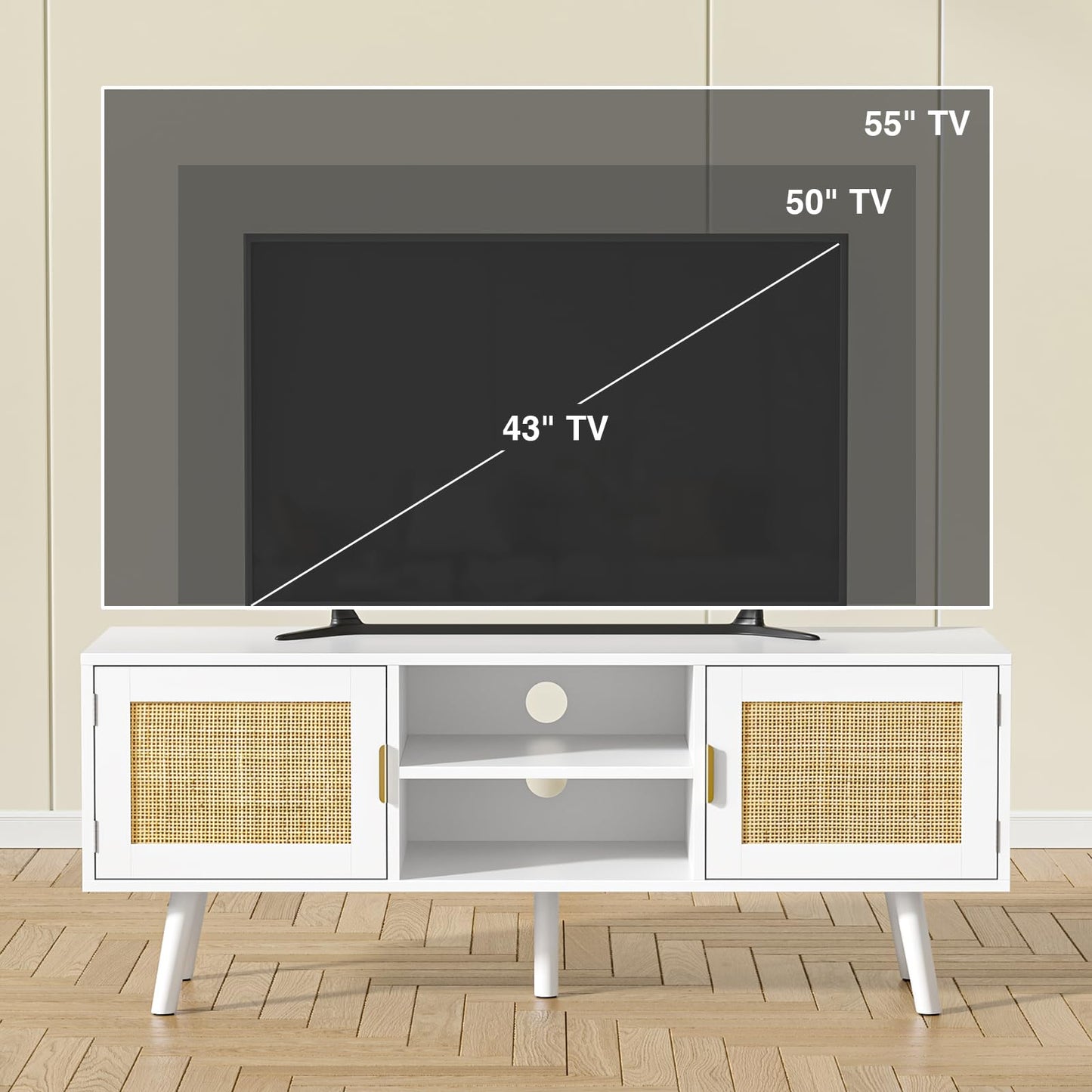 Skokliz TV Unit, 120cm TV Stand Cabinet for TVs up to 55inch, Rattan TV Table with 2 Doors and 2 Open Shelves, Boho Media TV Cabinet for Living Room
