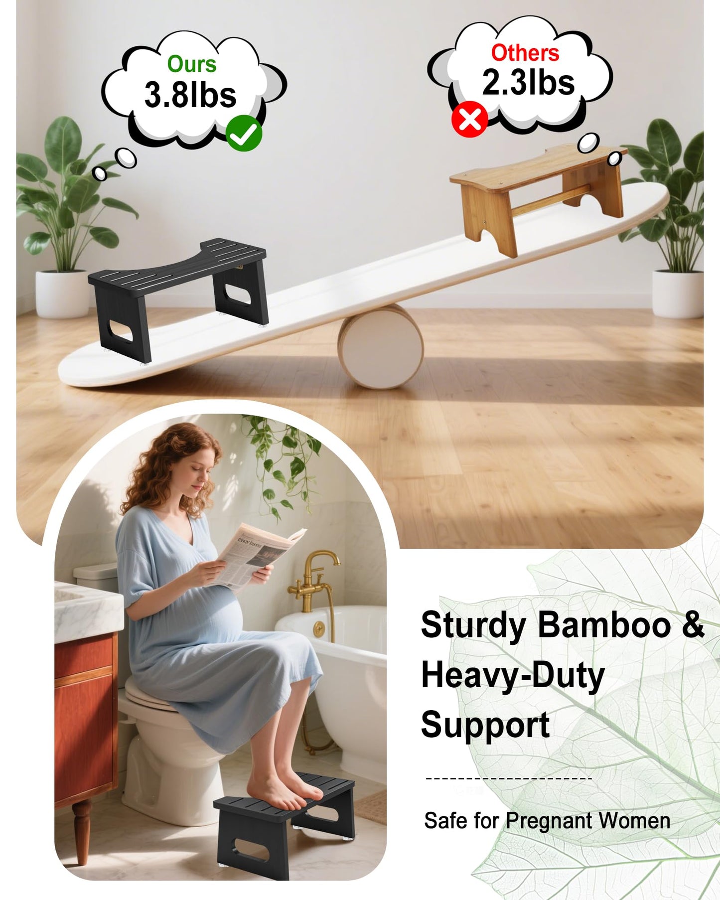 Foldable Toilet Stools, 17.8 CM Wooden Toilet Stool with Anti-Slip Feet, Space Saving, 35° Durable C Shaped Stool (Black)