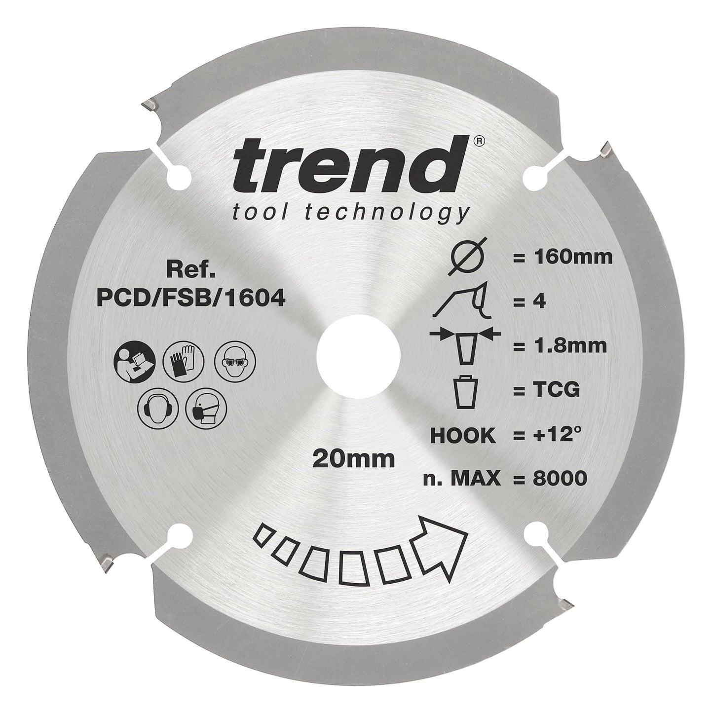 Trend PCD Fibre Cement Circular Saw Blade, 165mm Diameter, 20mm Bore, 4 Teeth, 1.8mm Kerf, +12? Hook, PCD, Coarse Finish, PCD/FSB/1654