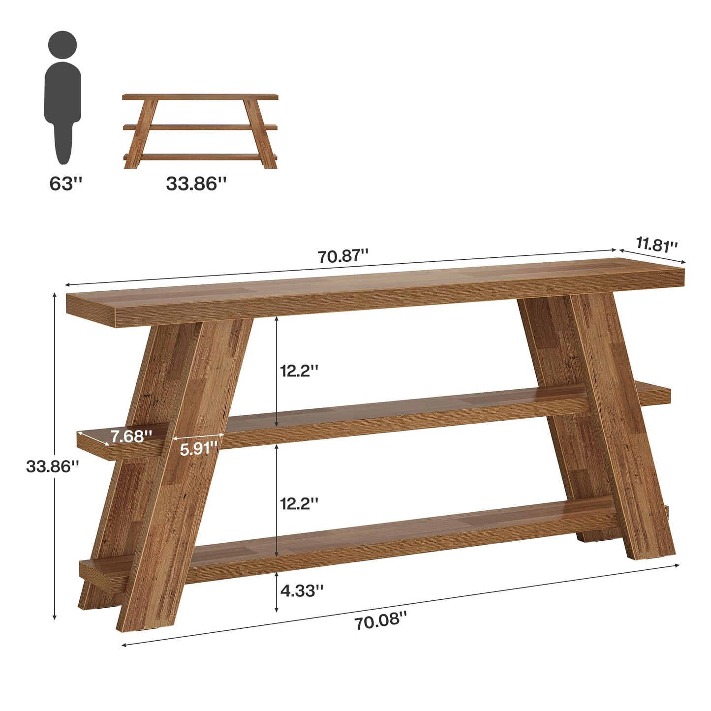 Tribesigns 70.9" Extra Long Console Table with Storage, 3-Tier Narrow Wooden Sofa Table Behind The Couch, Farmhouse Entry Foyer Table for Entryway