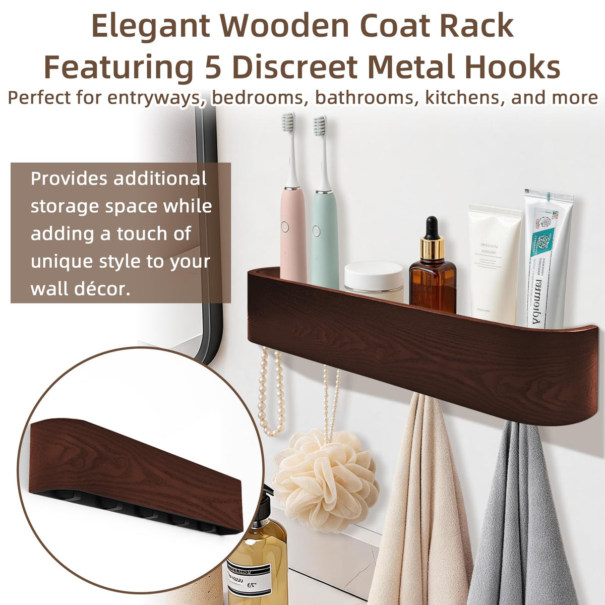 Topfinder Coat Rack with Shelf Wall-Mounted Organizer with 5 Hidden Hooks