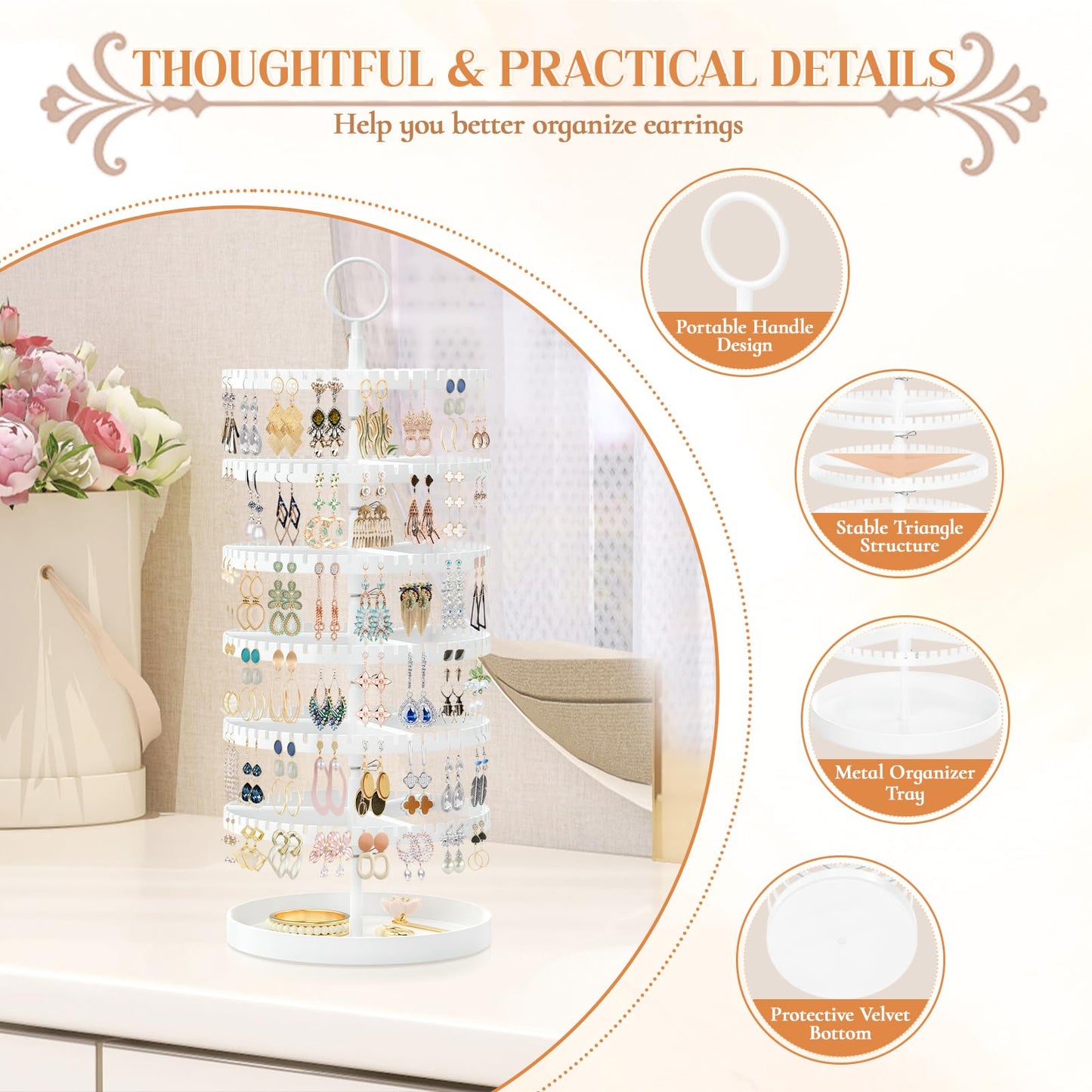 iDavosic.ly 6 Tier Rotating Earring Holder Organizer with Metal Tray, White