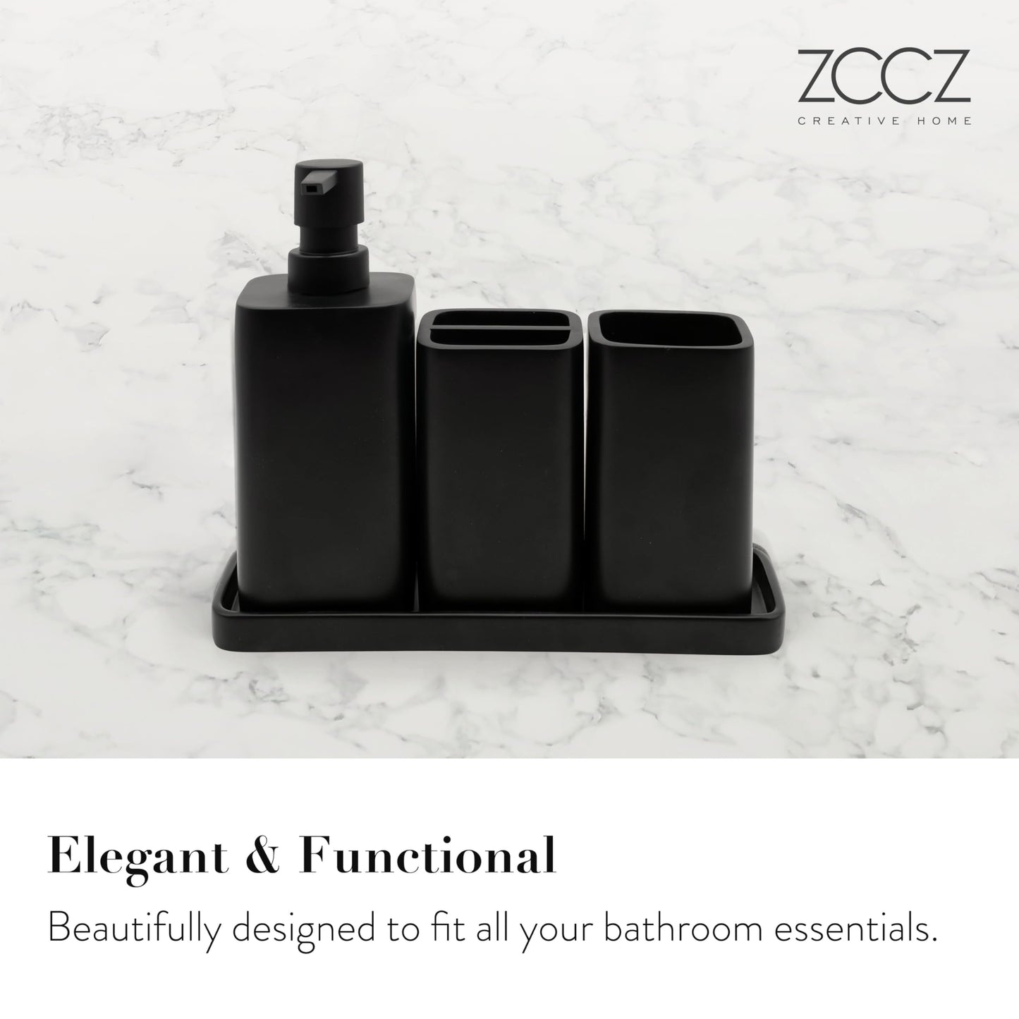 zccz Bathroom Accessory Set - 4 Piece Organiser with Toothbrush Holder, Soap Dispenser, Tumbler and Tray - Black Matte Accessories