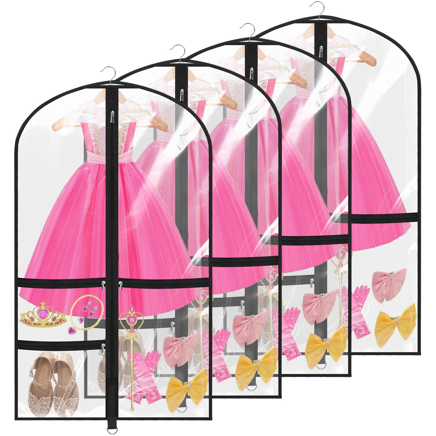 4 Pack Clear Dance Garment Bags 40" Dance Costume Bags with 3 Pockets,Black