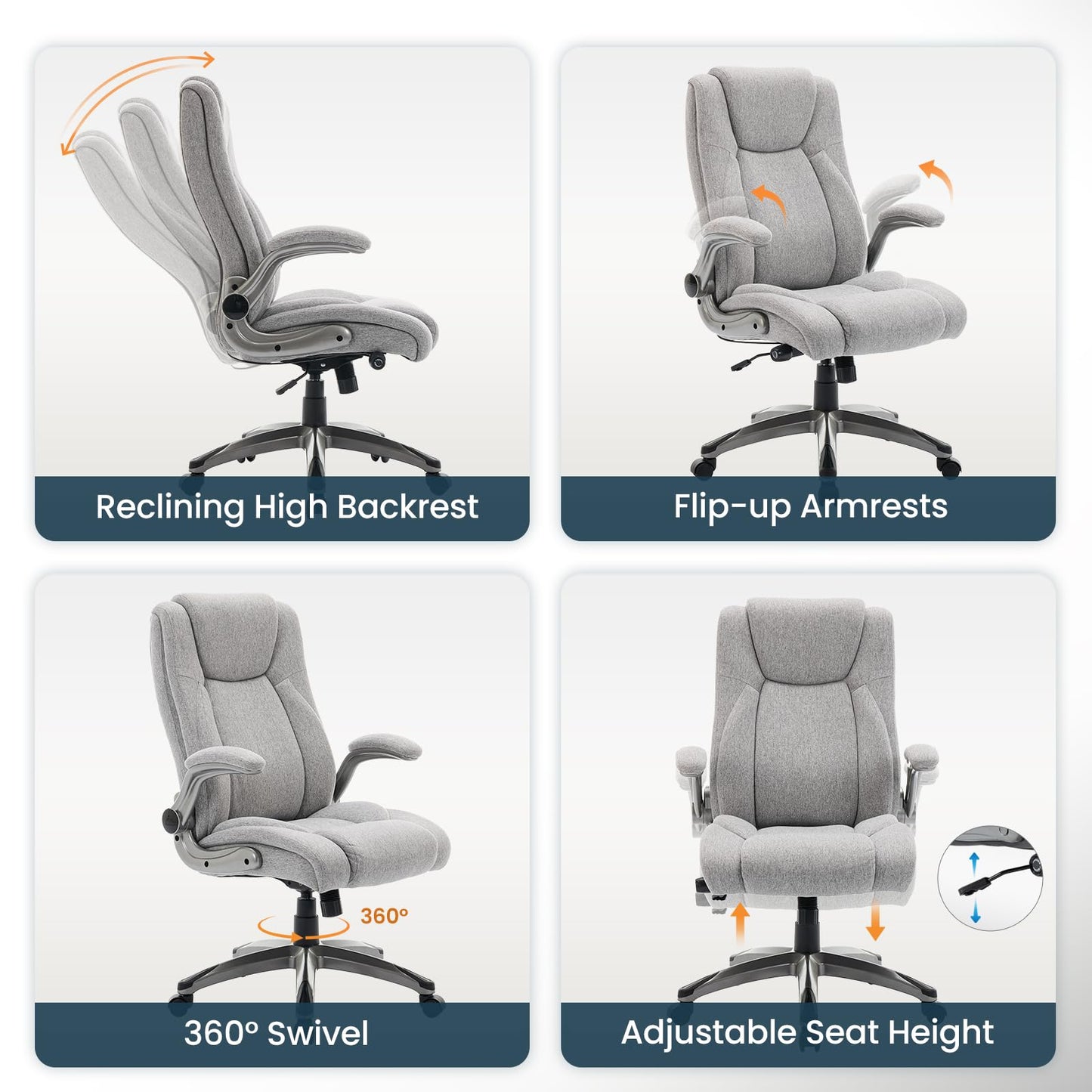 Ergonomic Executive Office Chair with Adjustable Lumbar Support, Flip-up Armrests, Double Padded Seat & Tilt Function