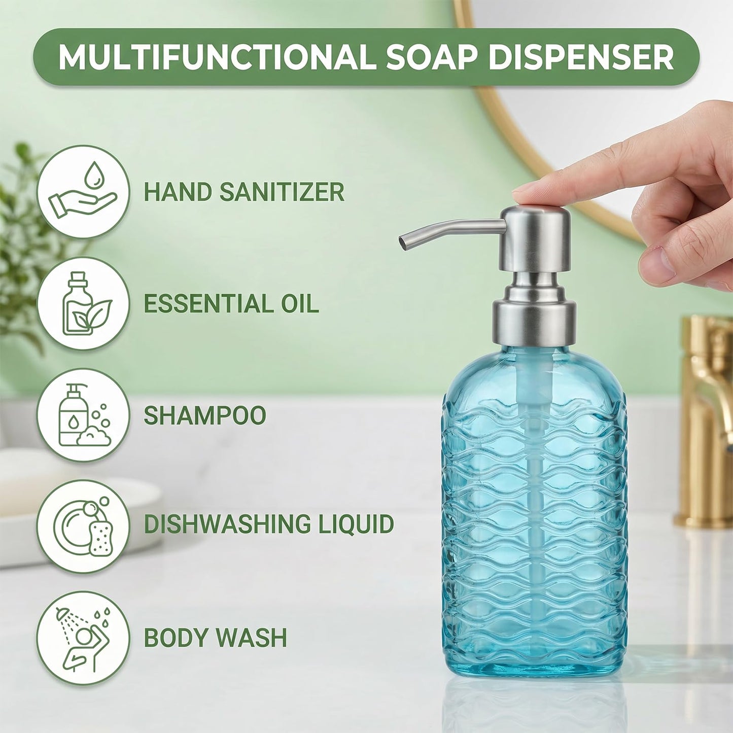 Glass Soap Dispenser Blue - 400ml Hand Soap Dispenser with Stainless Steel Pump Ripple Square Liquid Hand Jar Refillable Glass Bottle for Bathroom