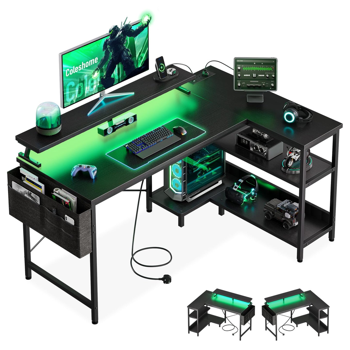 Coleshome L Shaped Gaming Desk with LED Lights & Power Outlet, 100x70 cm