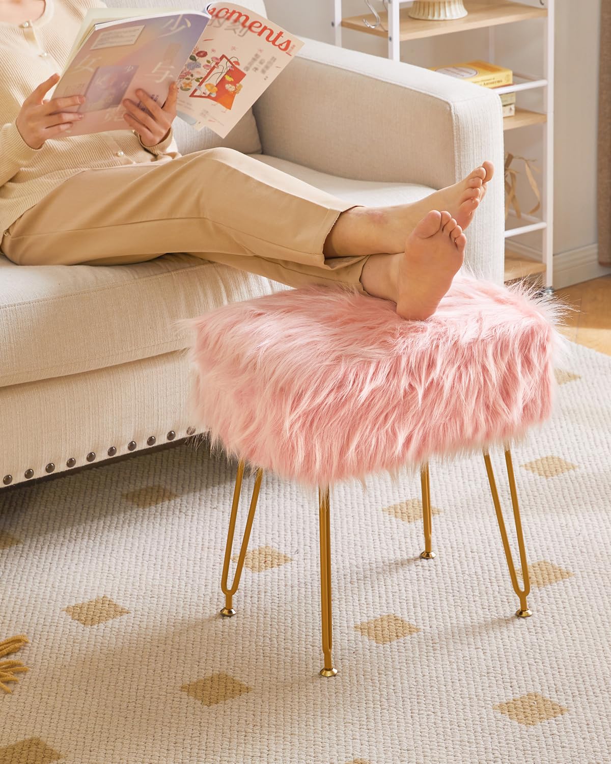 IBUYKE Rectangular Faux Fur Vanity Stool with Storage, Pink WBD022P