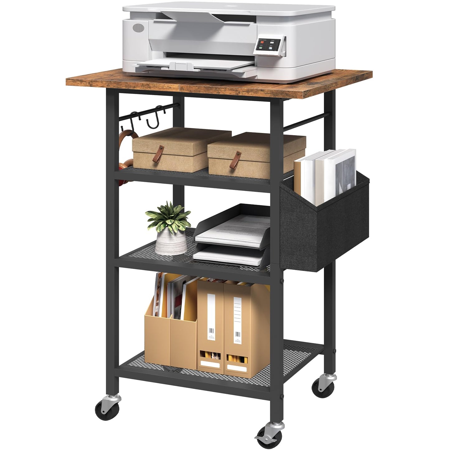 MAHANCRIS 4-Tier Printer Stand, Rolling Printer Table on Wheels, Industrial Storage Stand with Side Pocket, Wooden Tabletop