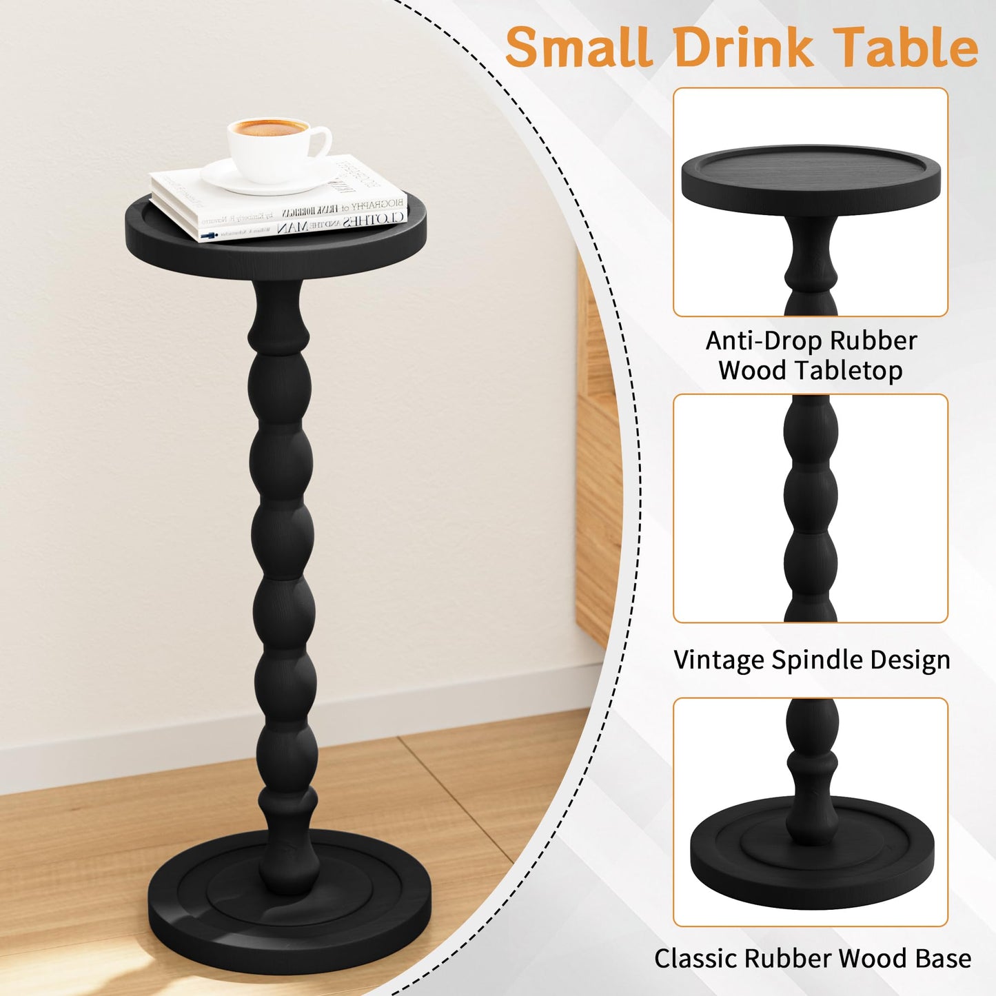 Caossuixin Wooden Round Side Table, Round Bar Table, Small End Table-Black