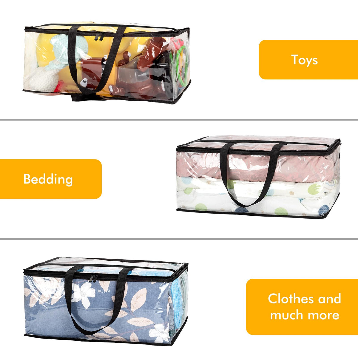 8 Pack Clear Plastic Storage Bags with Zips, 55L Foldable Clothes Storage Boxes Organizer with Reinforced Handle for Bedding, Blankets and Moving