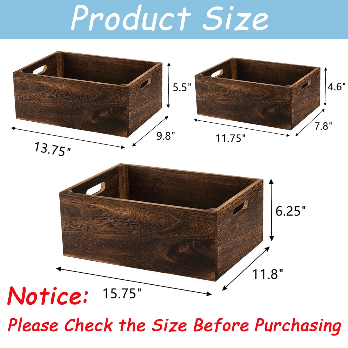 Frcctre Set of 3 Wooden Storage Boxes with Handles, Farmhouse Wood Decorative Boxes, Rustic Handmade Storage Containers, Natural Solid Wood Basket