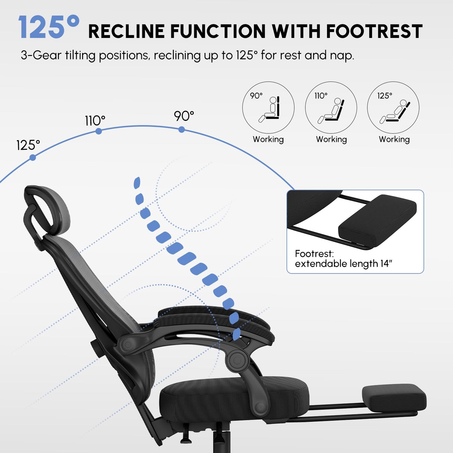WUPY Mesh Office Chair with Footrest & Headrest, Ergonomic Computer Chair