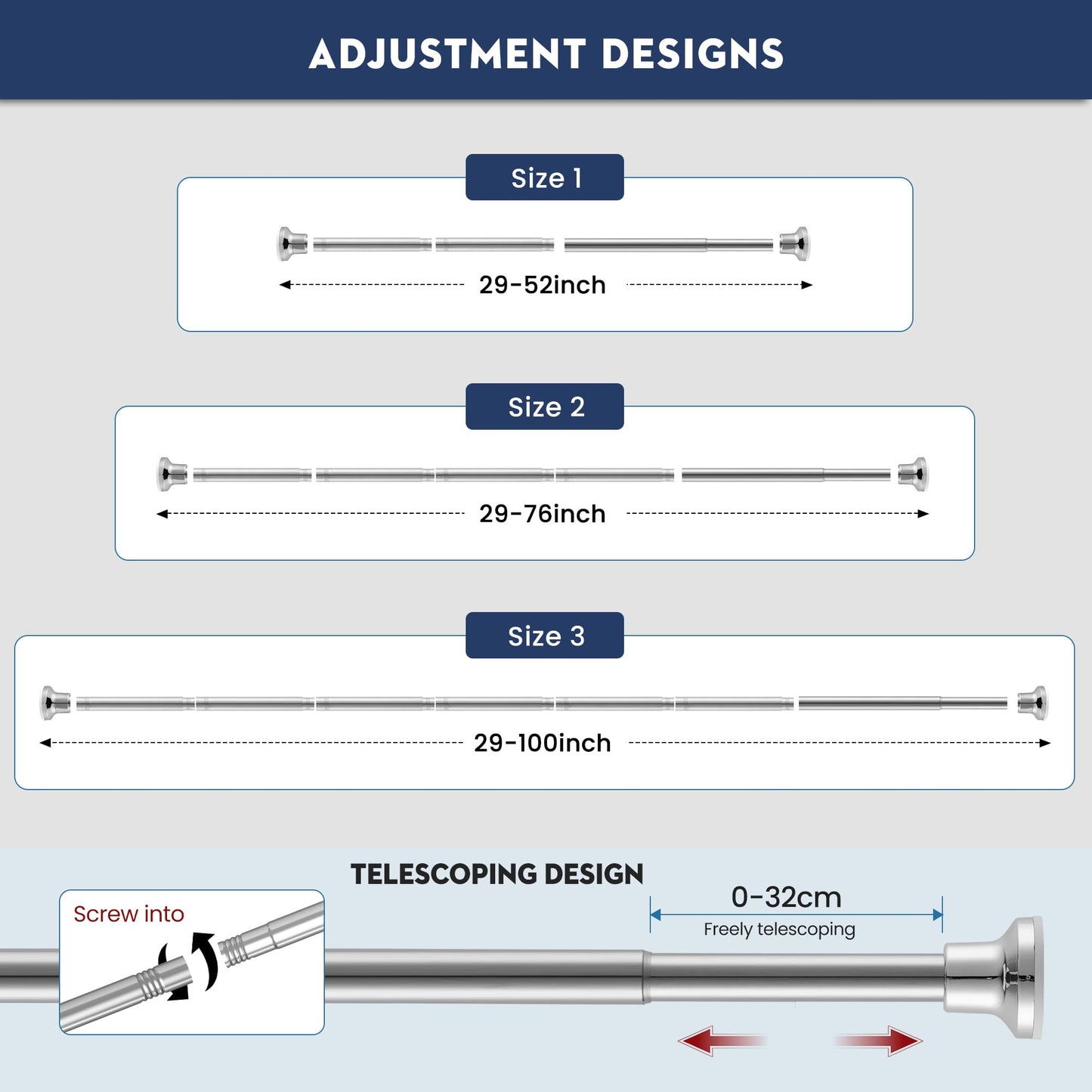 Silver Shower Curtain Pole, No Drilling No Rust Shower Curtain Rail 72cm to 195cm
