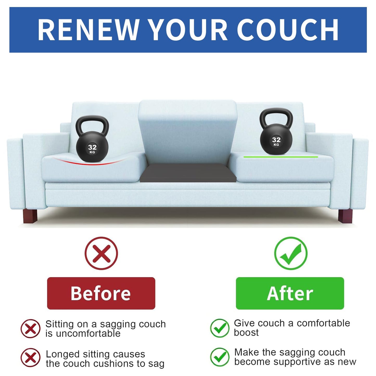 Lanswood Sofa Cushion Support for Sagging Seat 3Pack 50 x 50cm High-Density Sofa Support Cushions Foam Replacement Sofas Seat Cushions Under Cushion
