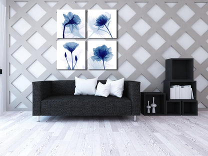 Wieco Art Large Blue Flickering Flower Modern Abstract Paintings Canvas Wall Art Grace Floral Pictures on Canvas Print 4 Panels Artwork for Living
