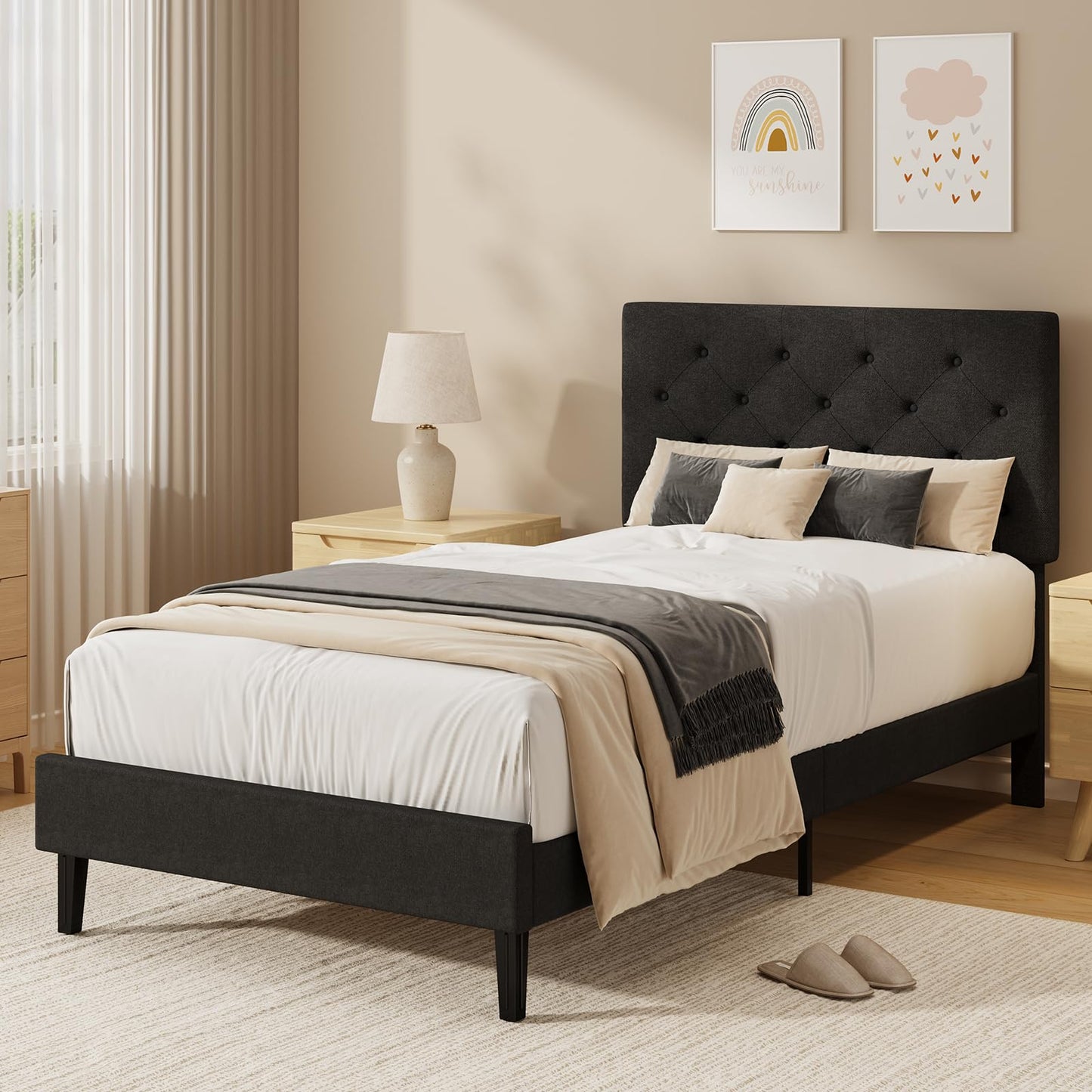 HOMBCK Single Bed Frame, 90 x 190 cm, with Adjustable Upholstered Headboard, Heavy Duty 256kg Weight Capacity, Easy Assembly, No Box Spring Needed