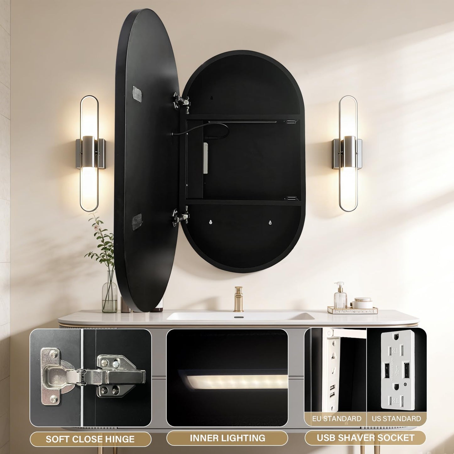 Janboe Capsule Shape Mirror Cabinet with Light,LED Mirror Cabinet,USB Shaver Socket,Internal Light,Steel with Powder Coating,Soft Closing