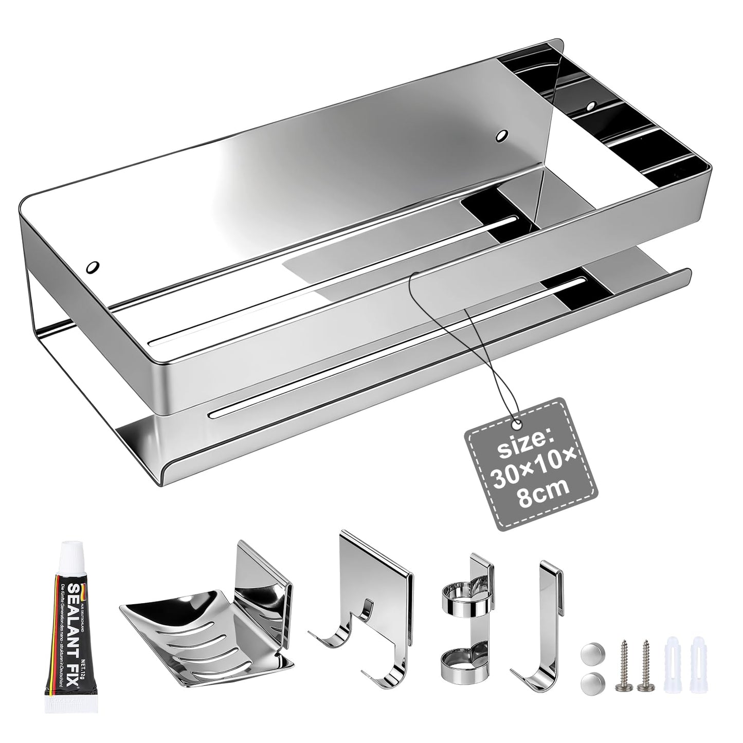 EXLECO 5 in 1 Shower Shelf without Drill for Bathroom Adhesive Bathroom Shelf Stainless Steel Bathroom Shelf Shelves Basket for Shower Shelf Bathroom