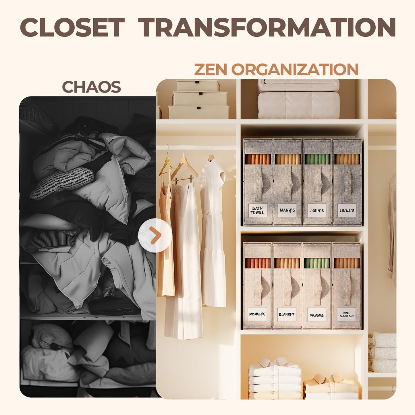 ZenStorage Sheet Organizers and Storage for Linen Closet, 8Pack Beige
