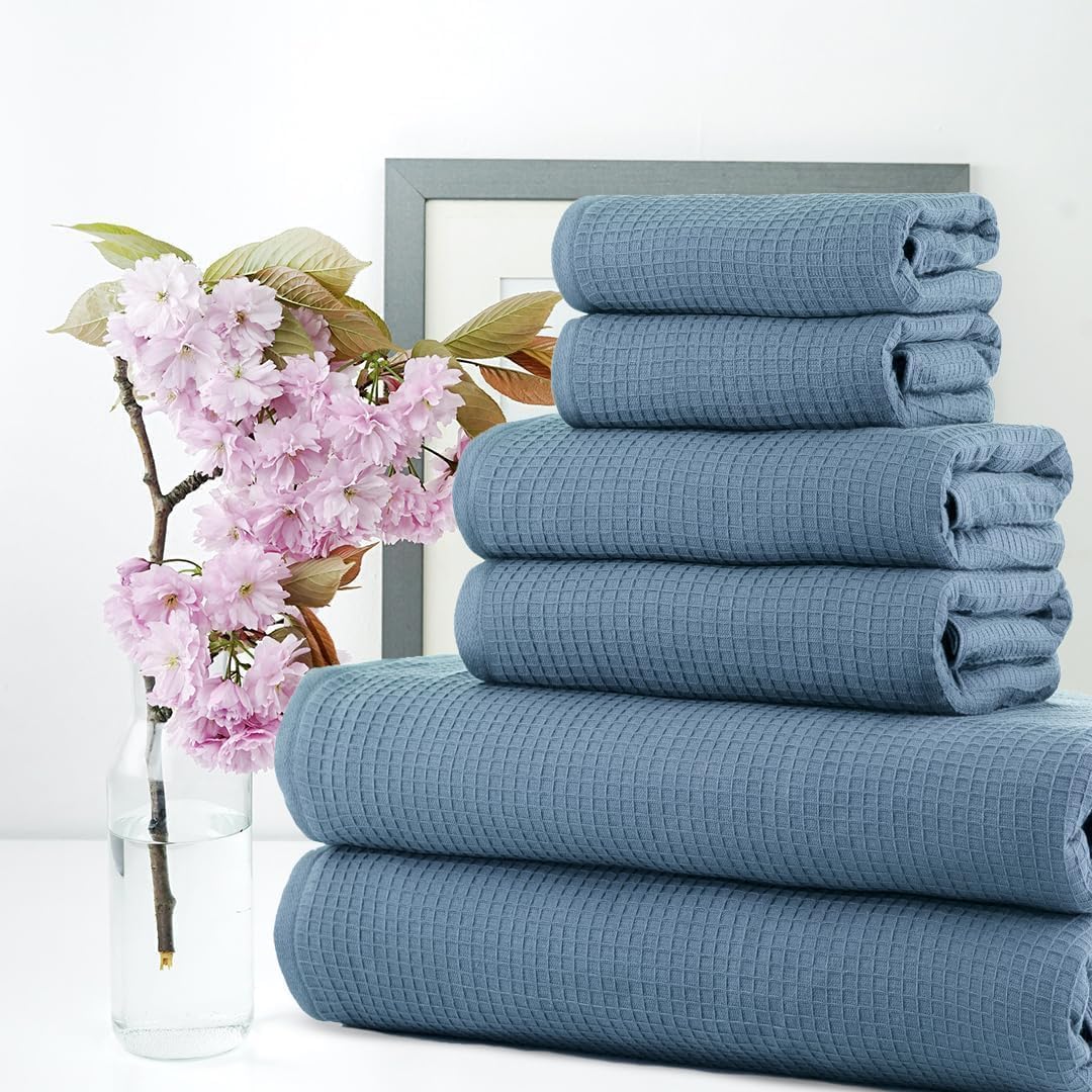 CASA COPENHAGEN Waffle Terry 6-piece set, cotton, extra large, luxurious, antique blue, 2 bath towels XL, 70x140 cm, 2 large hand towels, 50x80 cm