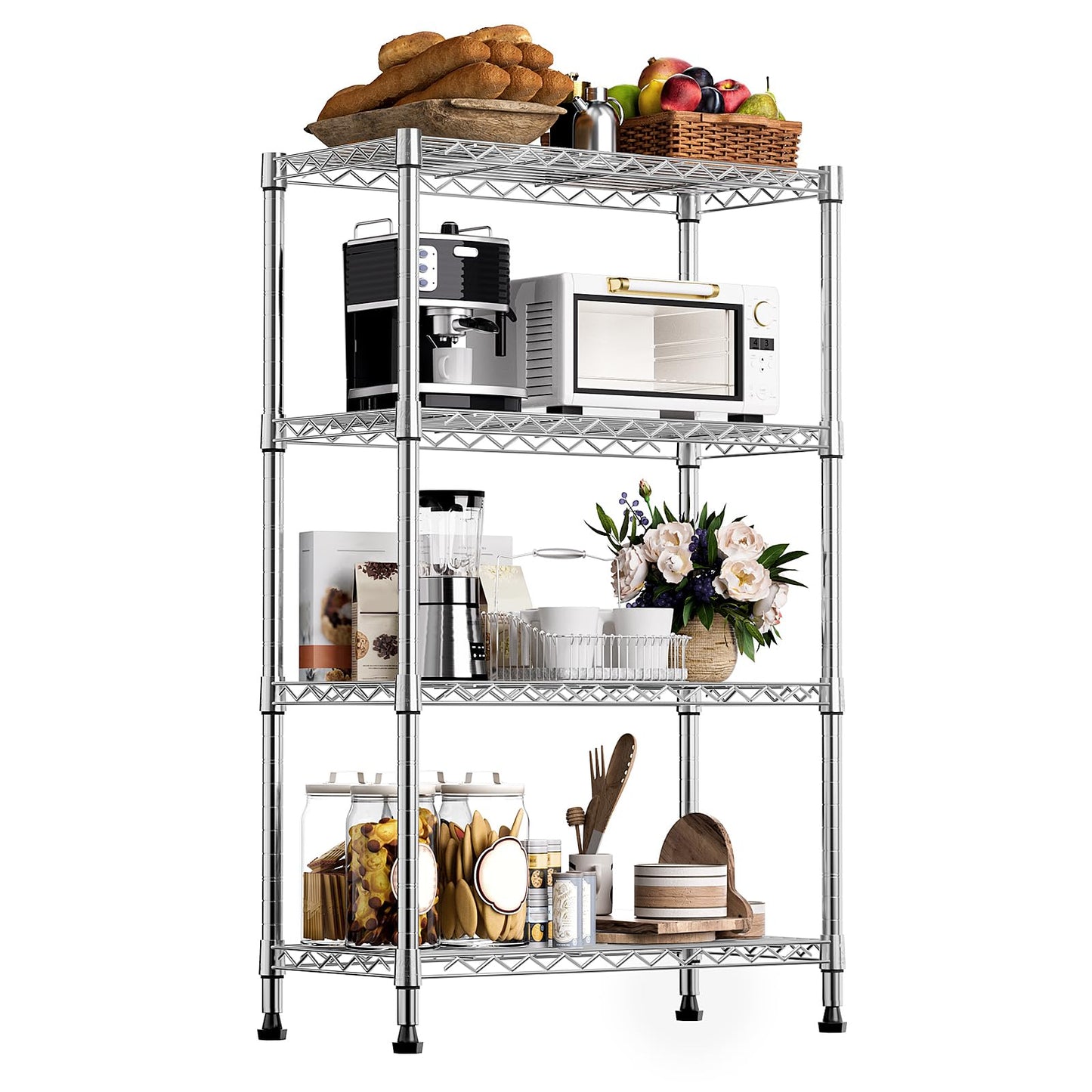 M MZG Height Adjustable Shelves,Heavy Duty Wire Pantry Shelving for Tool Sheds, Garage, and Storehouse,Metal,Chrome,4 tier,35 x 75 x 120 cm
