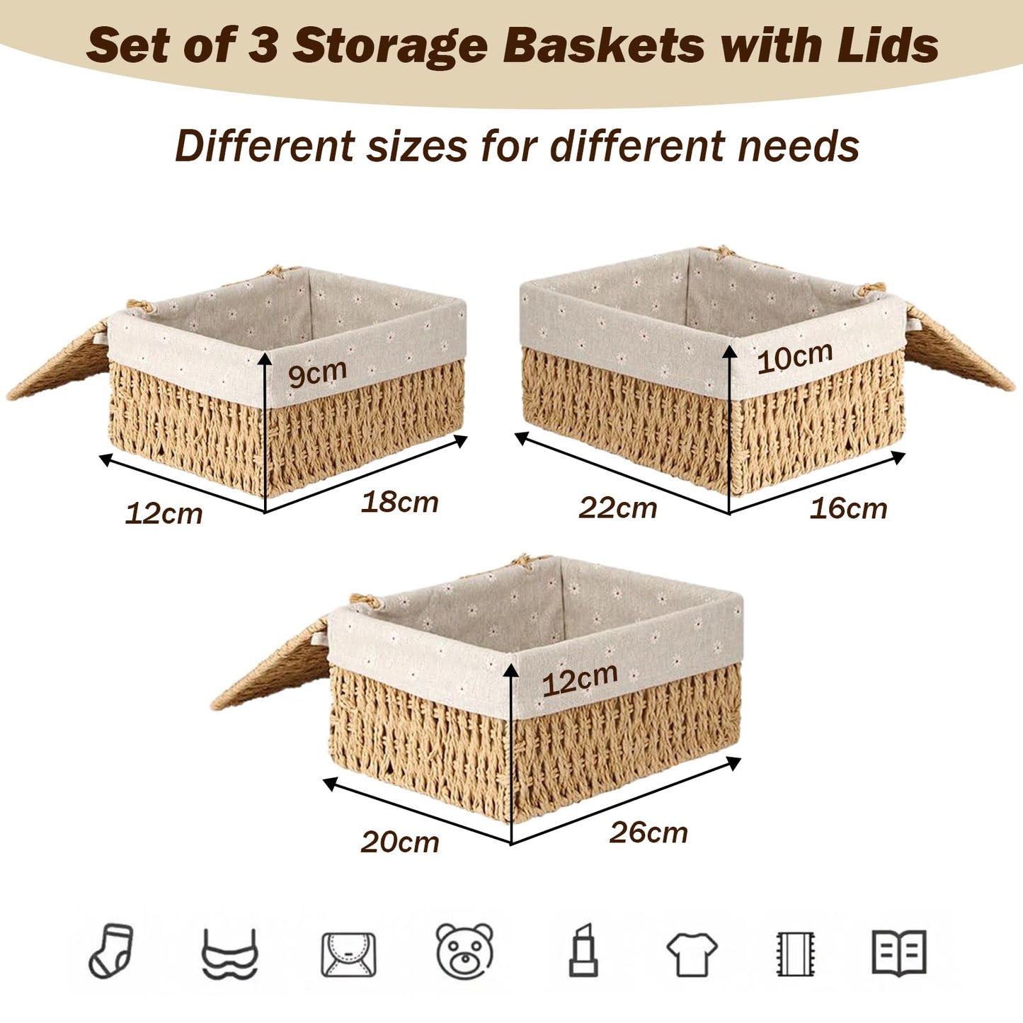 ZHYOPING Set of 3 Storage Baskets with Lids – Natural Paper Rope Storage Basket, 3 Sizes Woven Hamper Basket with Lining for Toys, Bathroom