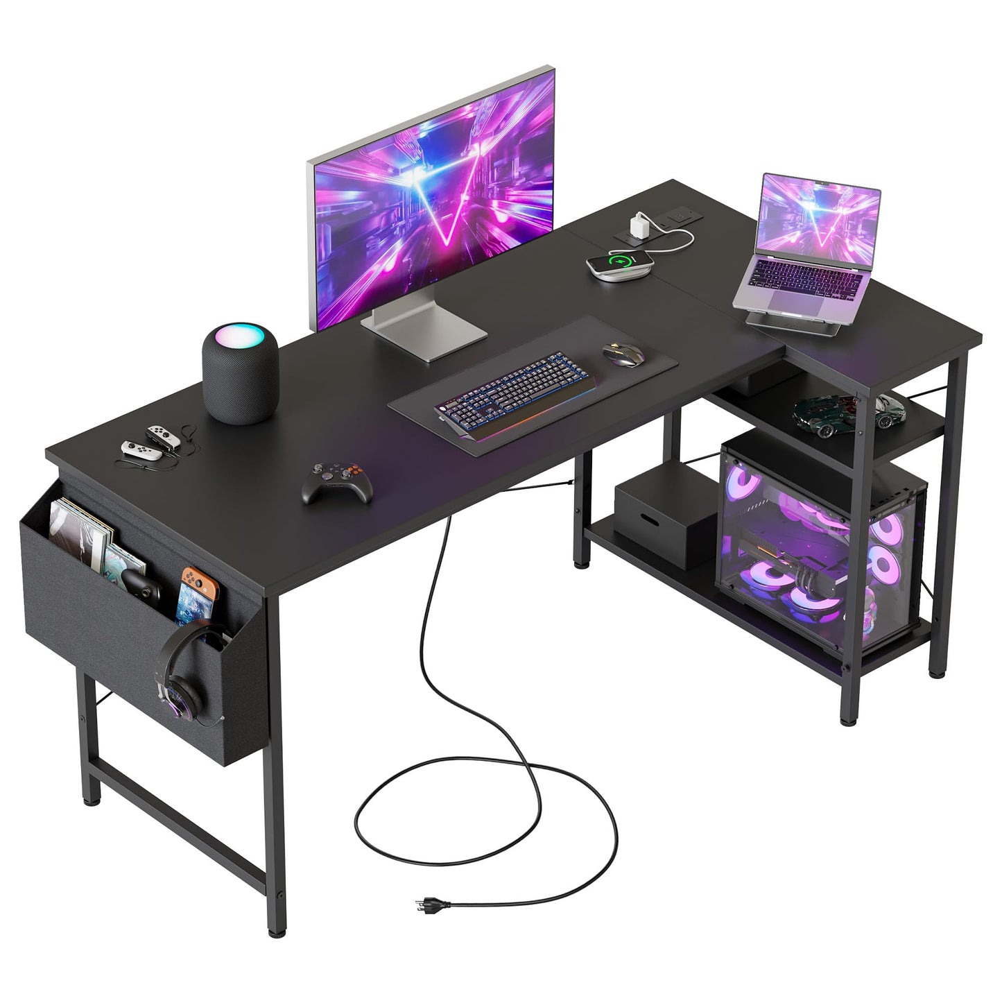 Mericonia Reversible Corner Desk, w. Power Outlets, 120x70cm, Black