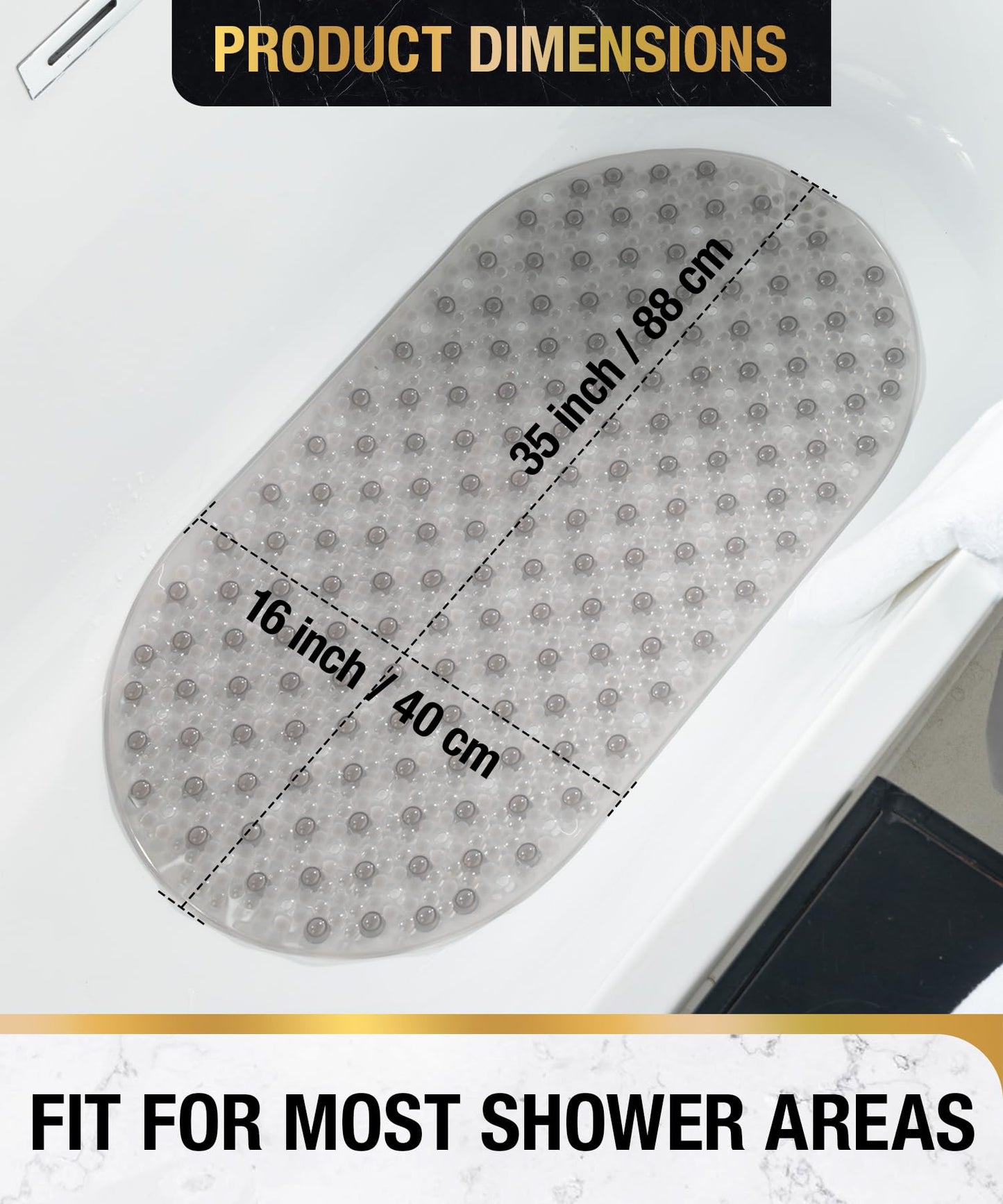 HITSLAM Oval Bath Mat Non Slip Anti Mould Kids Shower Mat, 88x40cm, Grey