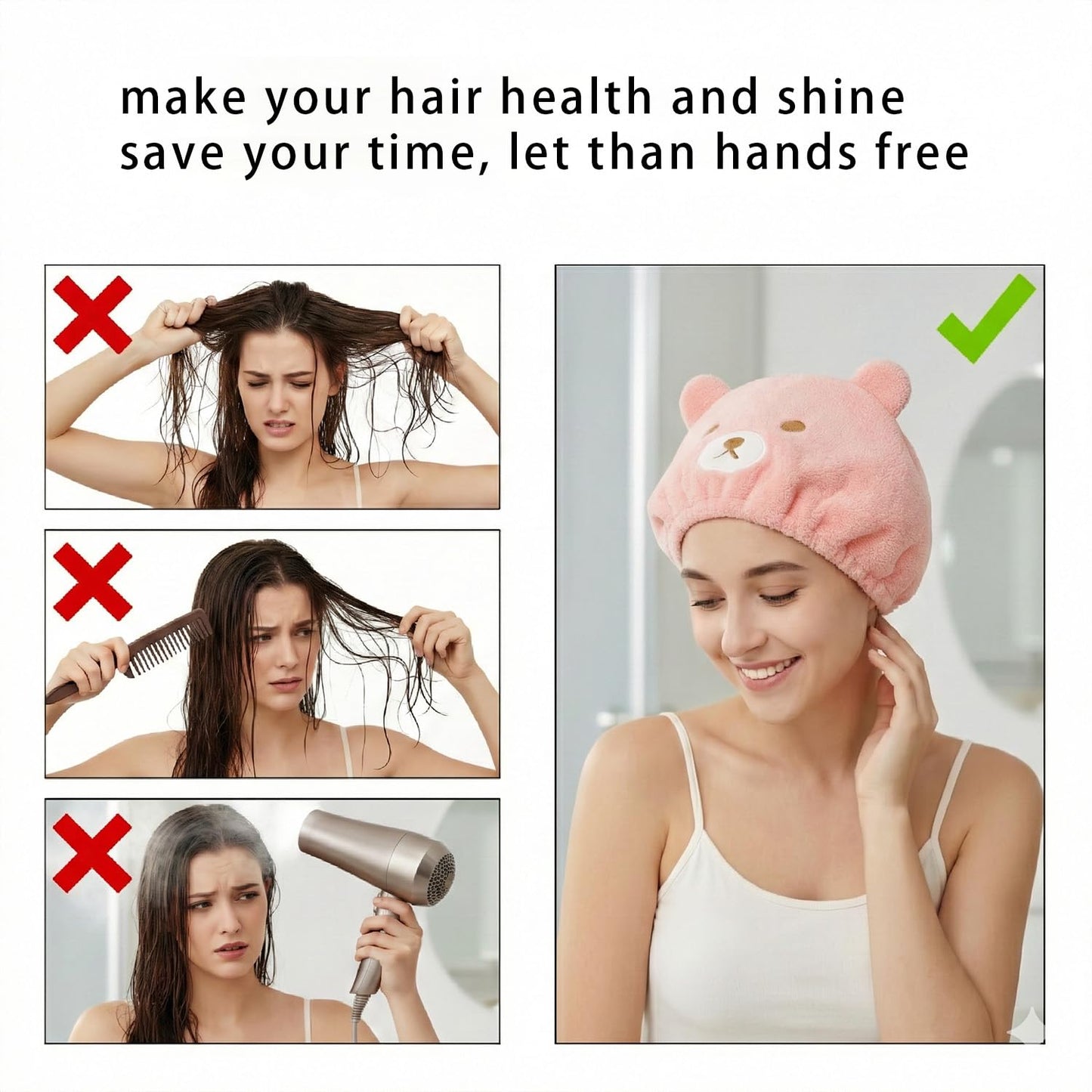 wellrun 2 Pcs Hair Drying Caps,Soft Coral Velvet Towel with Cute Bear Embroidery,Quick Dry Absorbent Hair Wrap for Wet Hairs,Bath Towel for Girls and