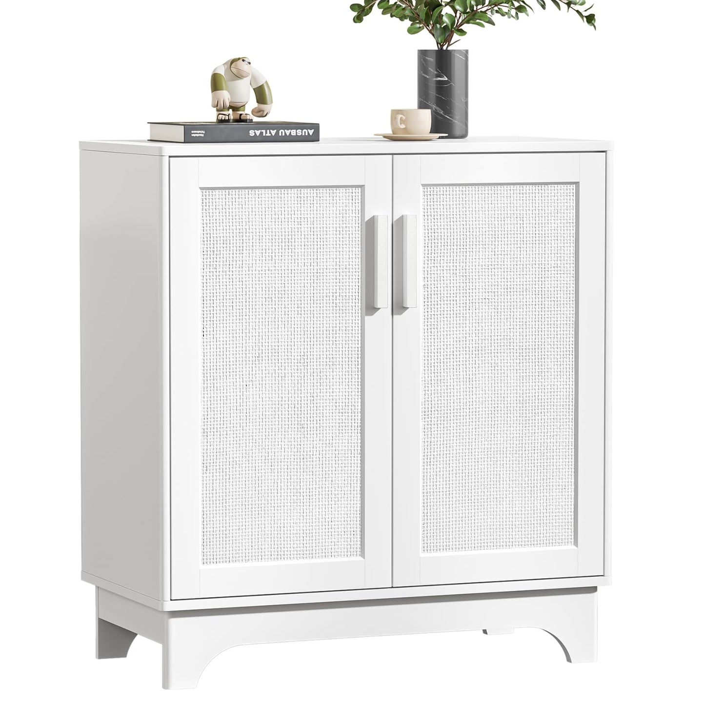 Yvsevnr White Sideboard Wooden Buffet Storage Cabinet for Living Room, Rattan Kitchen Cupboard with Adjustable Shelf, Magnetic Closure