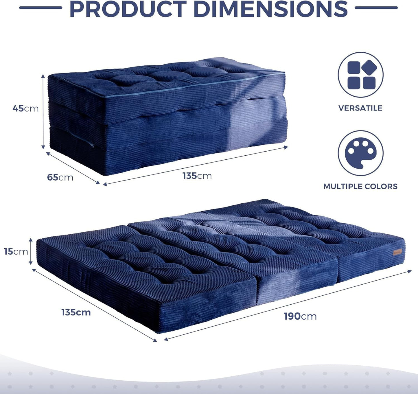 MAXYOYO Folding Mattress, Comfy Corduroy Foldable Mattress with 15cm Thicken Foam, Tri-Fold Floor Futon Sofa Bed for Guest,Dark blue,Double