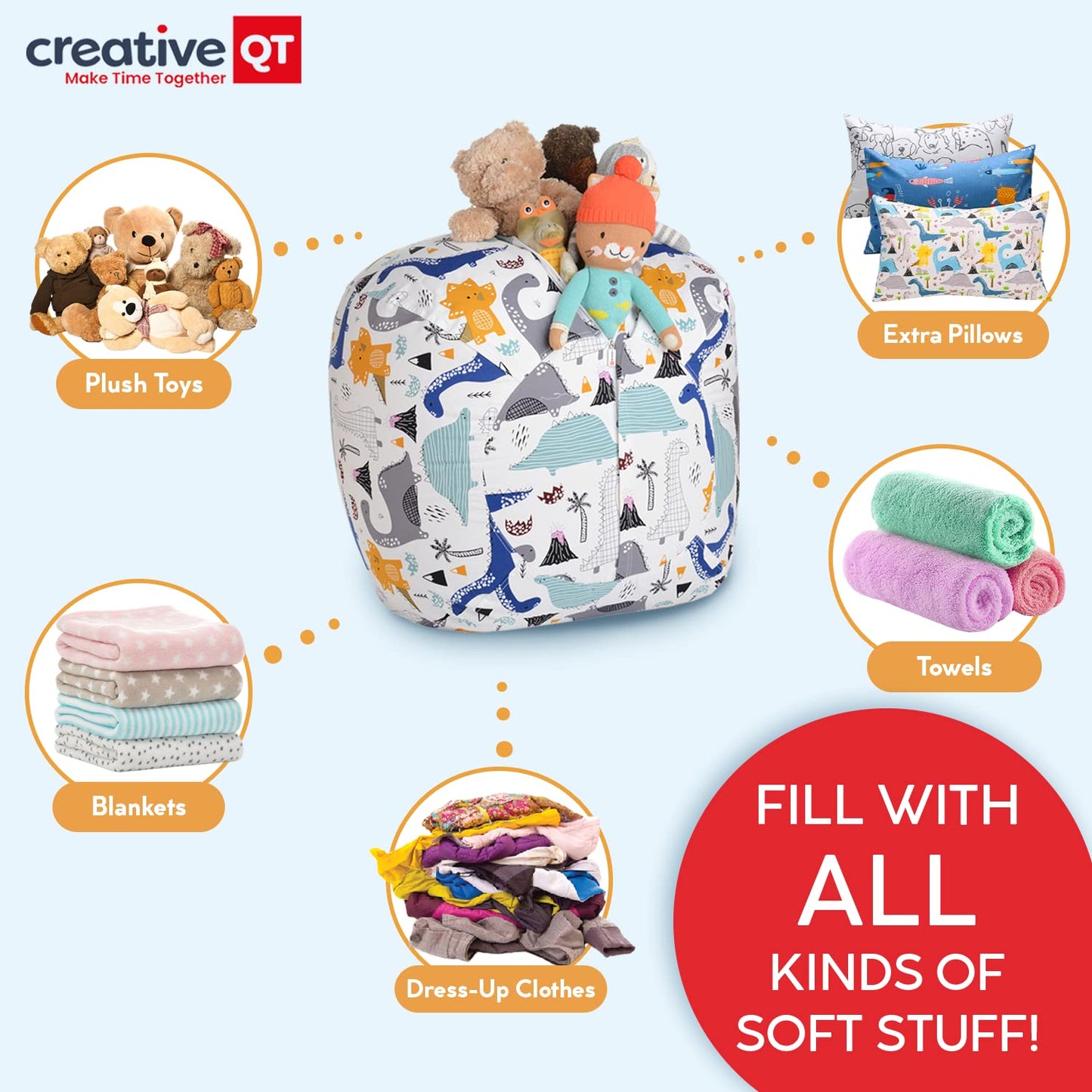 Creative QT Stuff ’n Sit Large 33’’ Bean Bag Storage Cover for Stuffed Animals & Toys, Giant Beanbag Chair for Plush