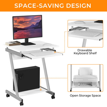 Yaheetech Small Computer Desk Z-Shaped PC Table on Wheels Movable, White