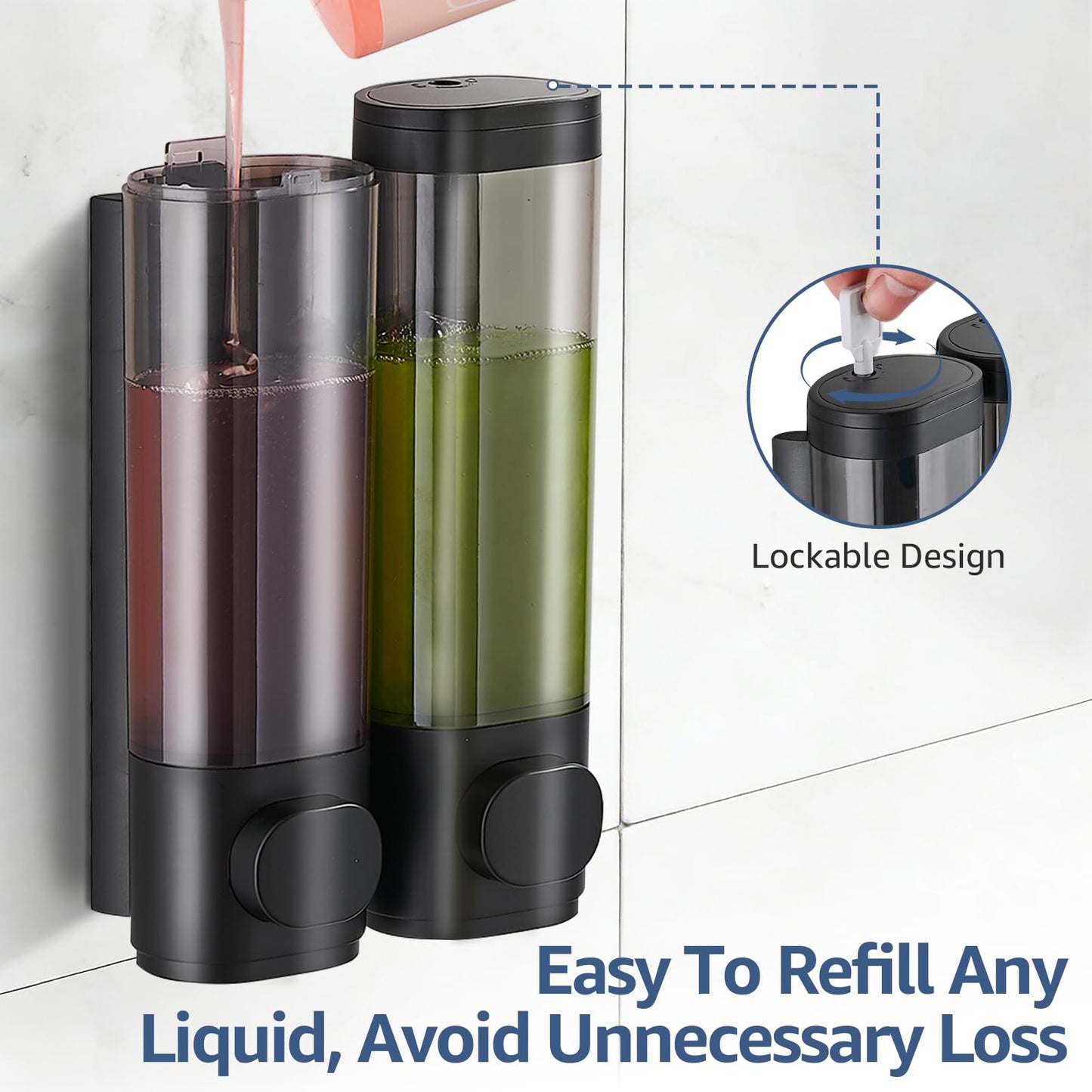 Pollock Wall Mounted Soap Dispenser, 300ml x 2 Shampoo and Conditioner Dispenser, No-Drill Installation Shower Soap Dispenser