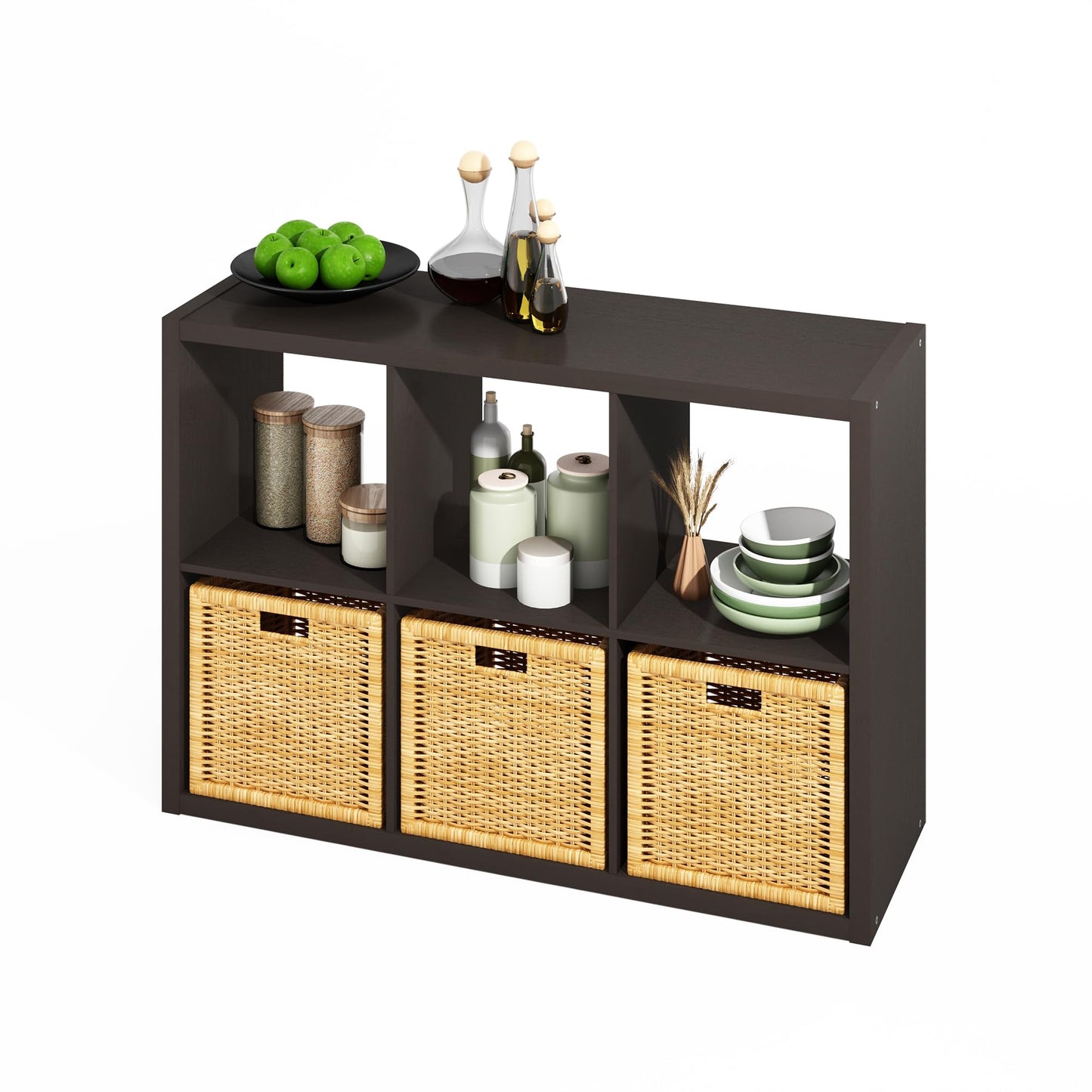 Furinno HERMITE Kitchen Island, 6-Cube Coffee Bar, Kitchen Storage, Bakers Rack, for Pantry Organizers and Storage, Kitchen Organization, Black Oak