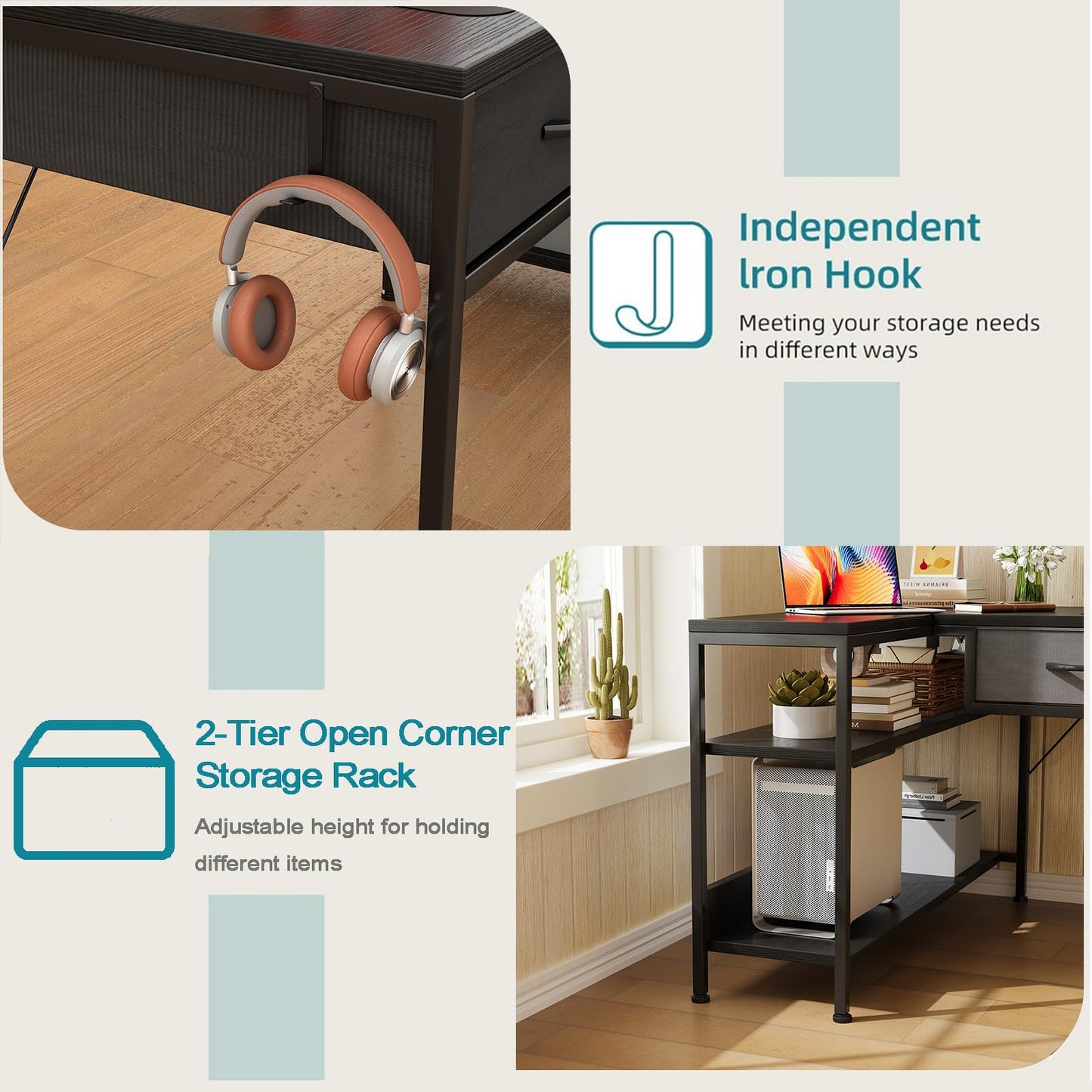 CAIYUN L Shaped Computer Desk with 2 Drawers, 100CM Office Corner Desk with 2 Storage Shelves, Working Table Study Table for Home Office Desk, Black