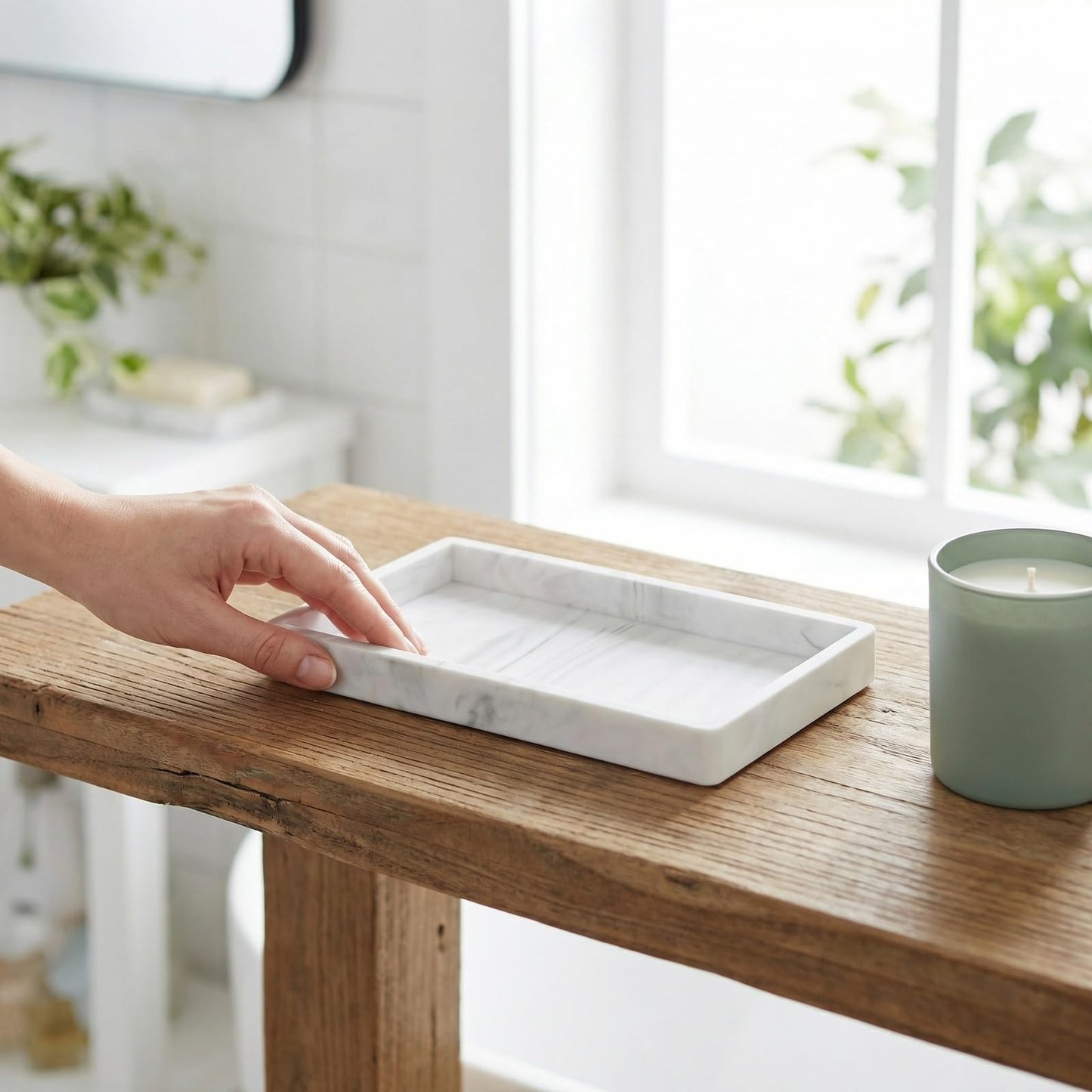 2PCS Bathroom Vanity Tray, Marble Pattern Silicone Organiser Tray for Bathroom Counter, Kitchen Sink & Toilet Tank