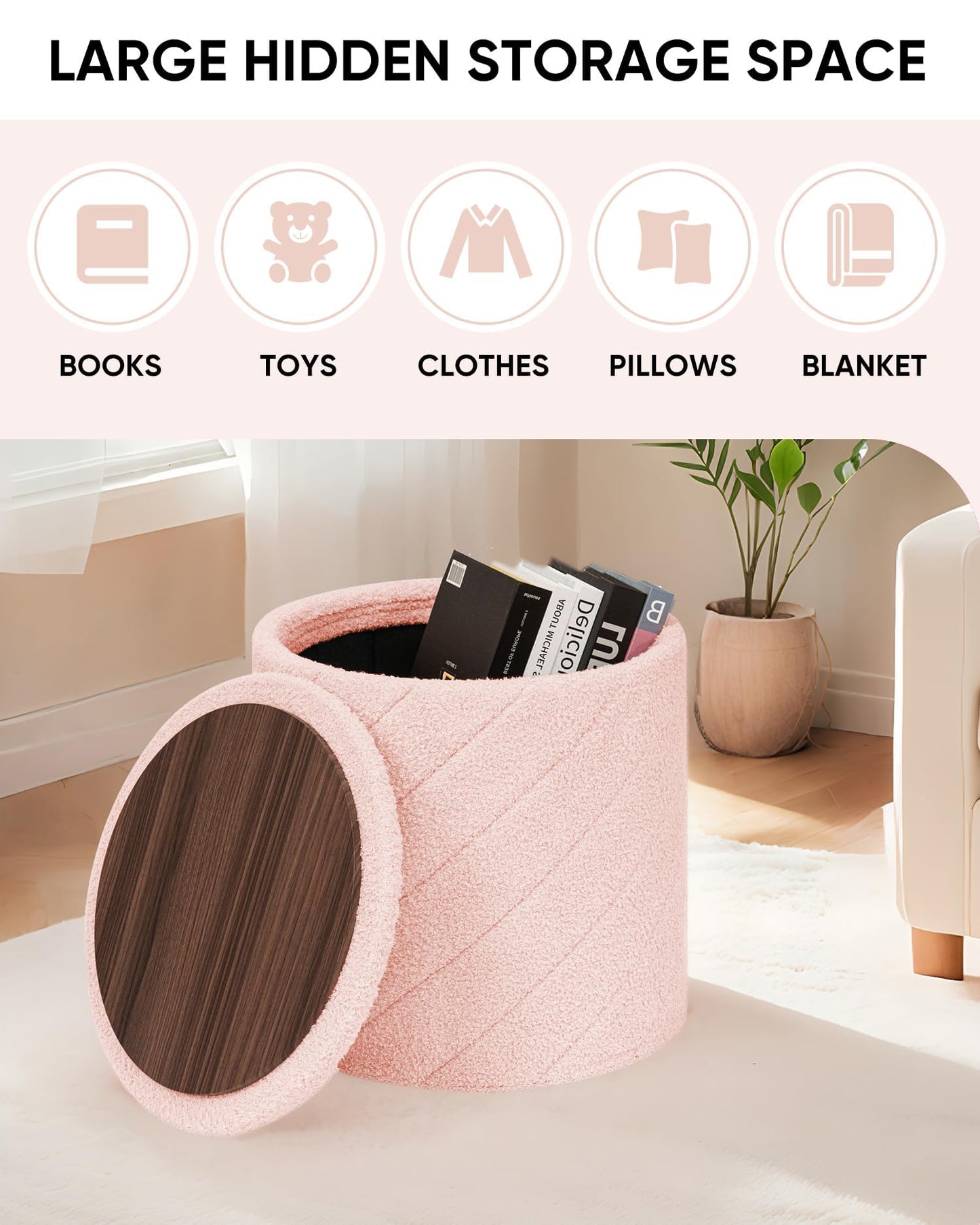 Bonlife Round Ottoman Stool with Storage, Folding Footstool with Lid,Boucle Vanity Stool for Living Room,Bedroom,Entryway,Pink,43x43x45cm