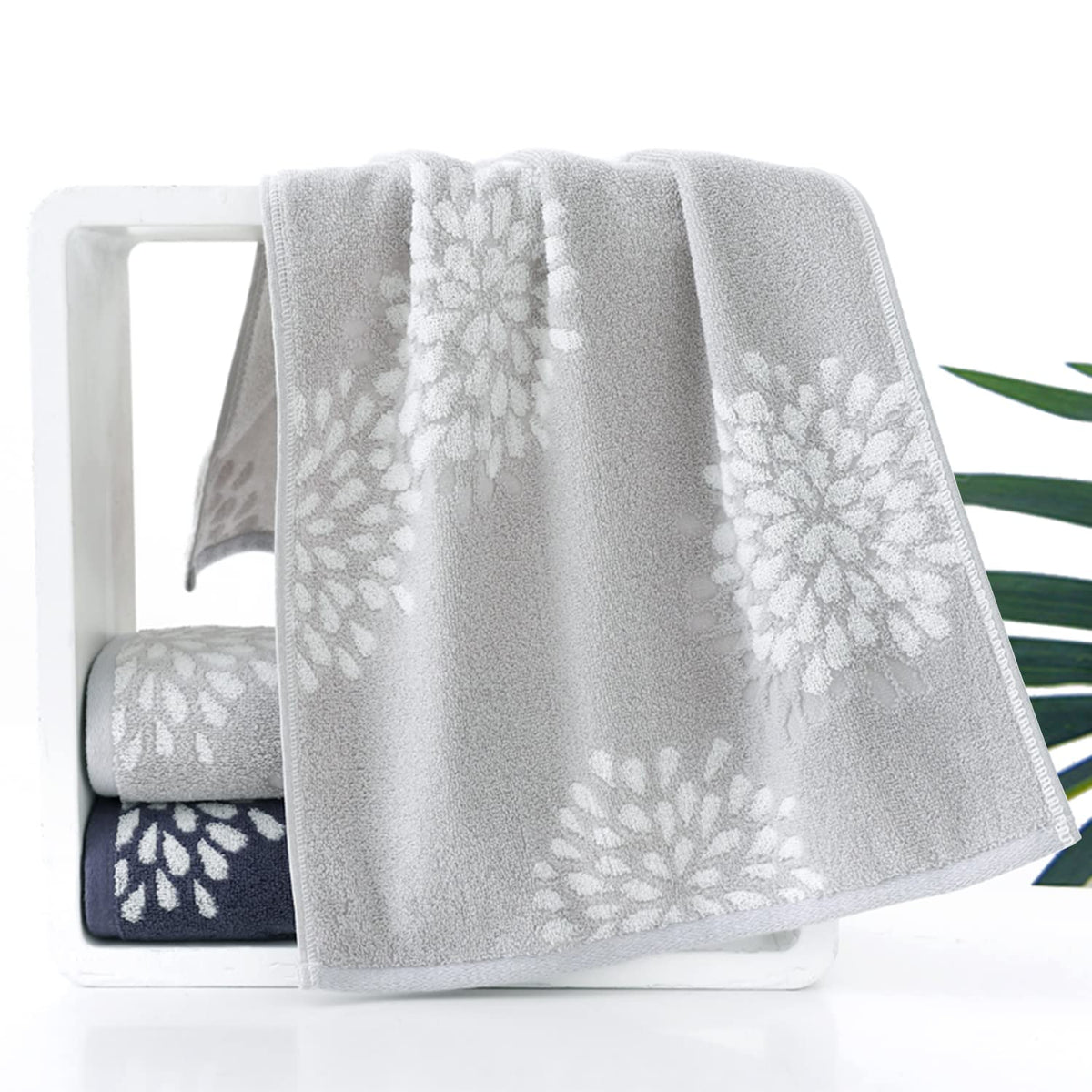 Pidada Hand Towels Set of 4 Hydrangea Floral Pattern 100% Cotton Absorbent Soft Decorative Towel for Bathroom Light Grey