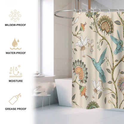 Minicoco Integrated Room Shower Curtain 100% Polyester Waterproof Mould Proof Floral Shower Curtain with 12 Hooks, 180 x 180 cm White Flower Bird