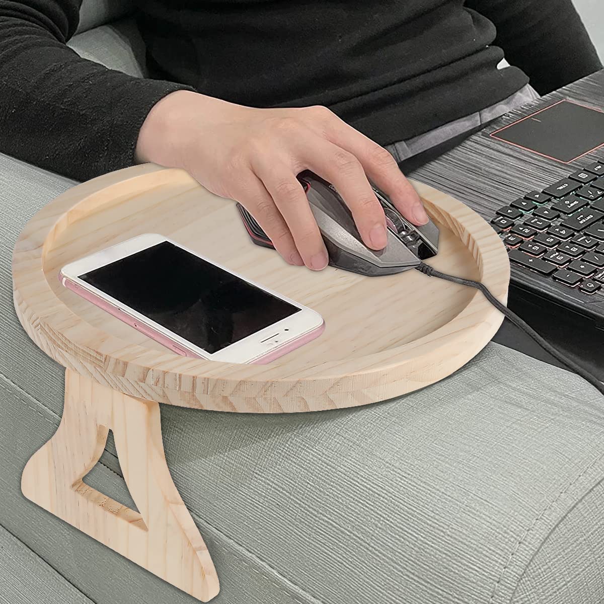 Gatphy Sofa Side Arm Tray, Wooden Couch Arm Table Clip On Tray Foldable Armrest Side Tables Space Saving Round Sofa Side Tables Organiser for Drinks