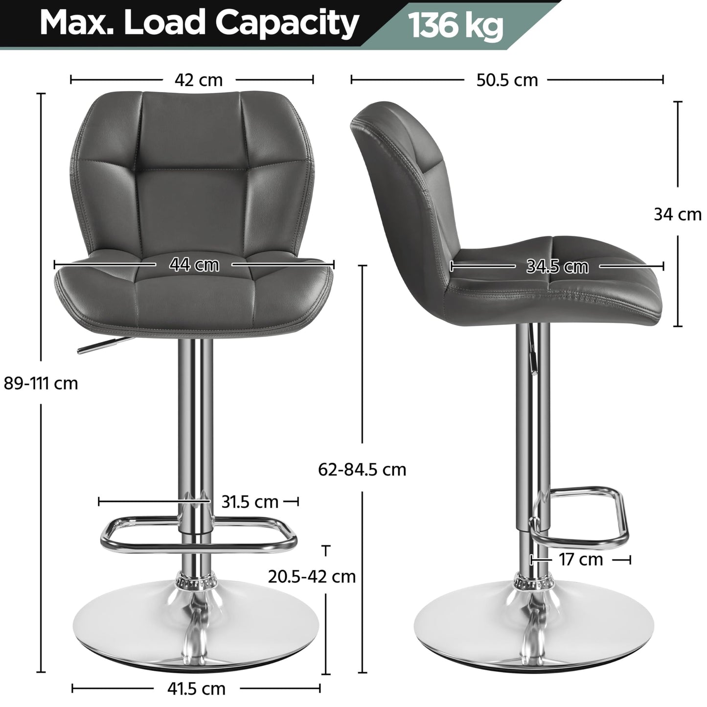 Yaheetech Height Adjustable Swivel Bar Stools with Backrest, Grey