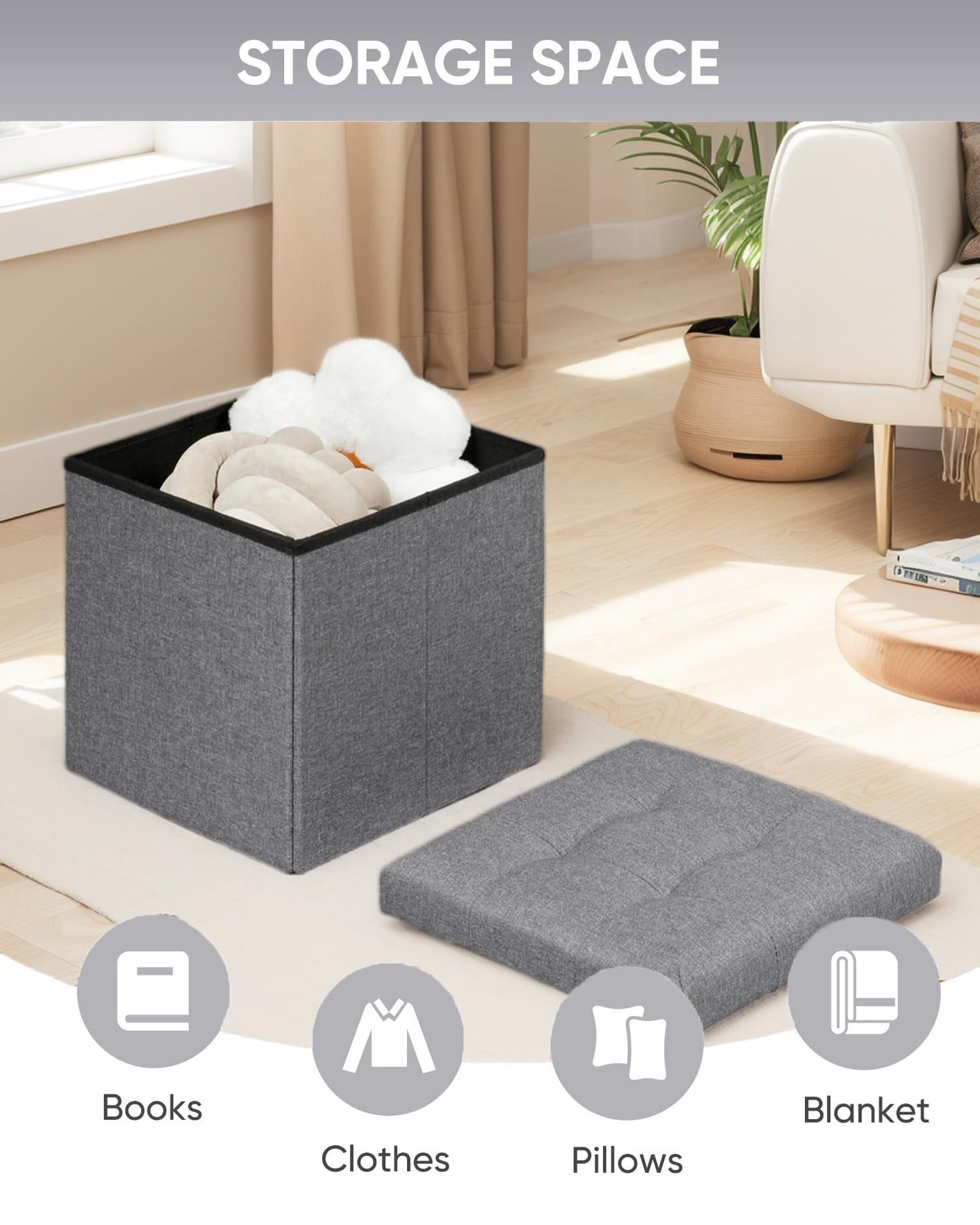 Bonlife Ottoman Storage Stool Cube - Small Footstool Seat,Grey 32x32x32cm
