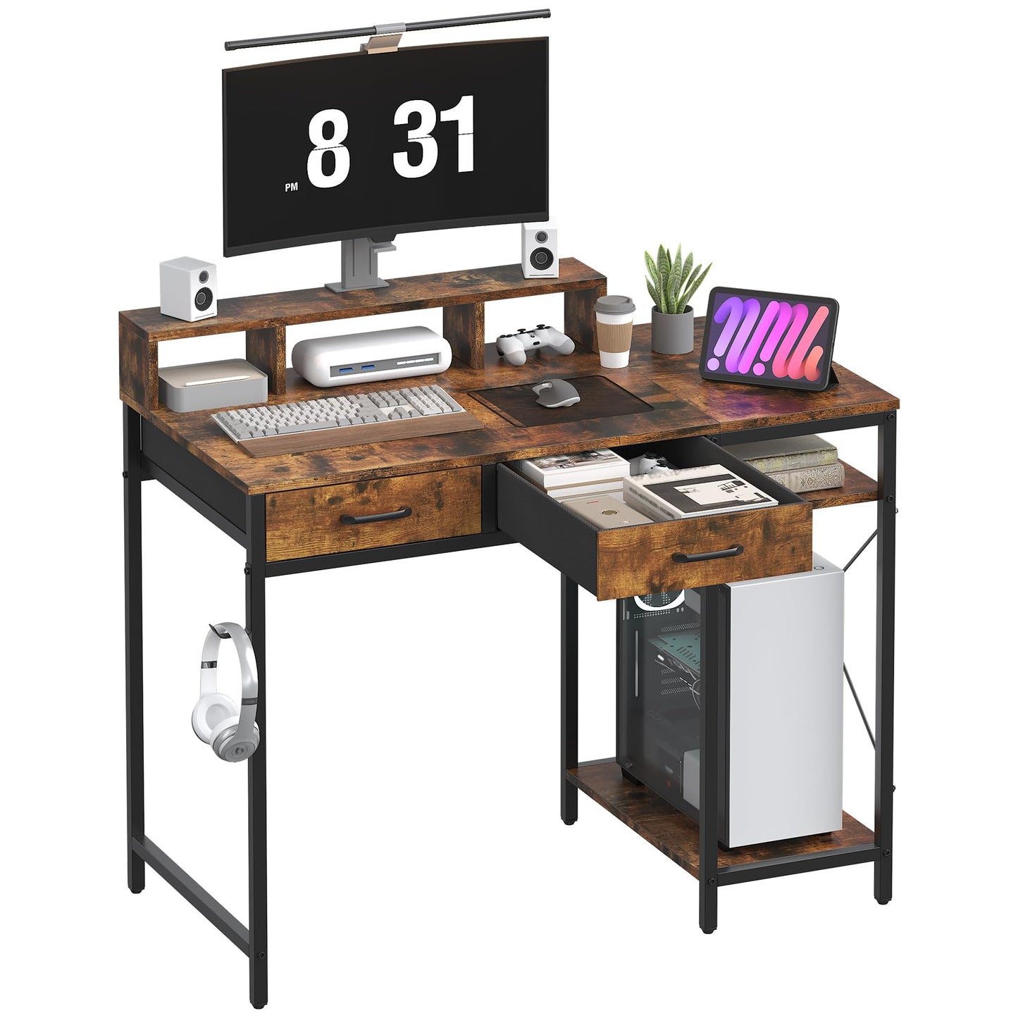 Feonase Ergonomic Computer Desk with Monitor Riser, 2 Under-Desk Drawers, CPU Stand & Hook – MDF Desktop for Home Office