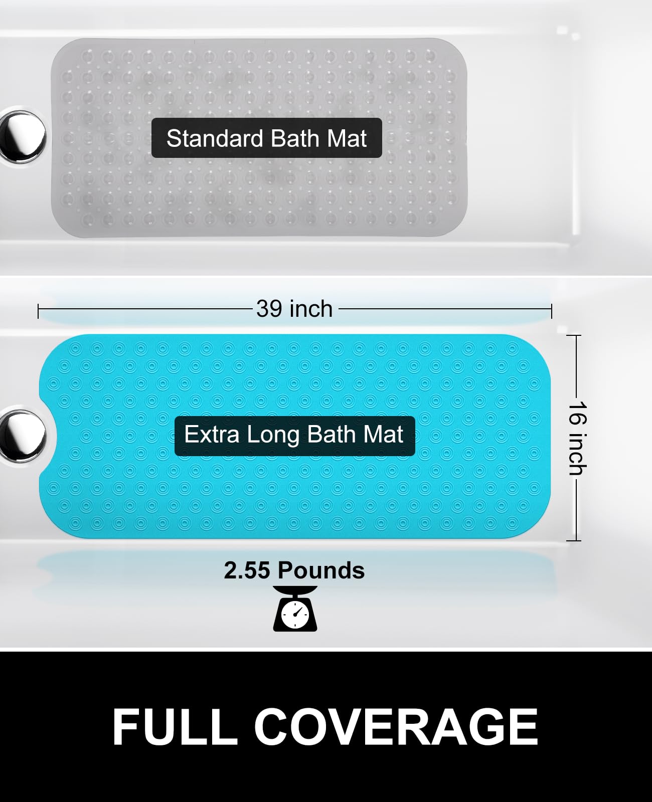 Yolife No Suction Cup Bath Mat: 40x100CM Extra Long Bathmat│Perfect for Refinished Bathtub Mat│Made of Nature Rubber│a Blessing for the Elderly and