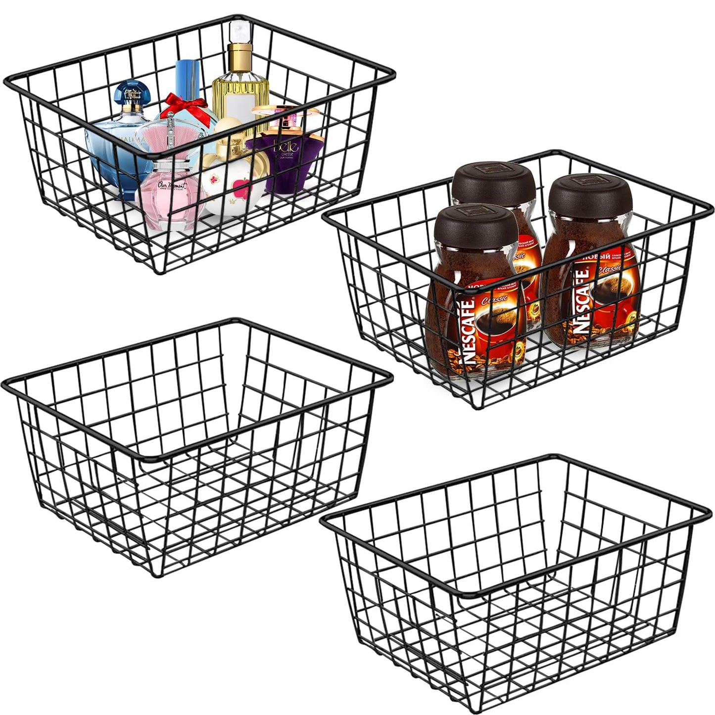 LOSYHU 4 Pack Black Wire Storage Baskets, Wire Organiser Baskets with Handles, Metal Chest Freezer Baskets Wire Organizer Bins for Fridge Shelf